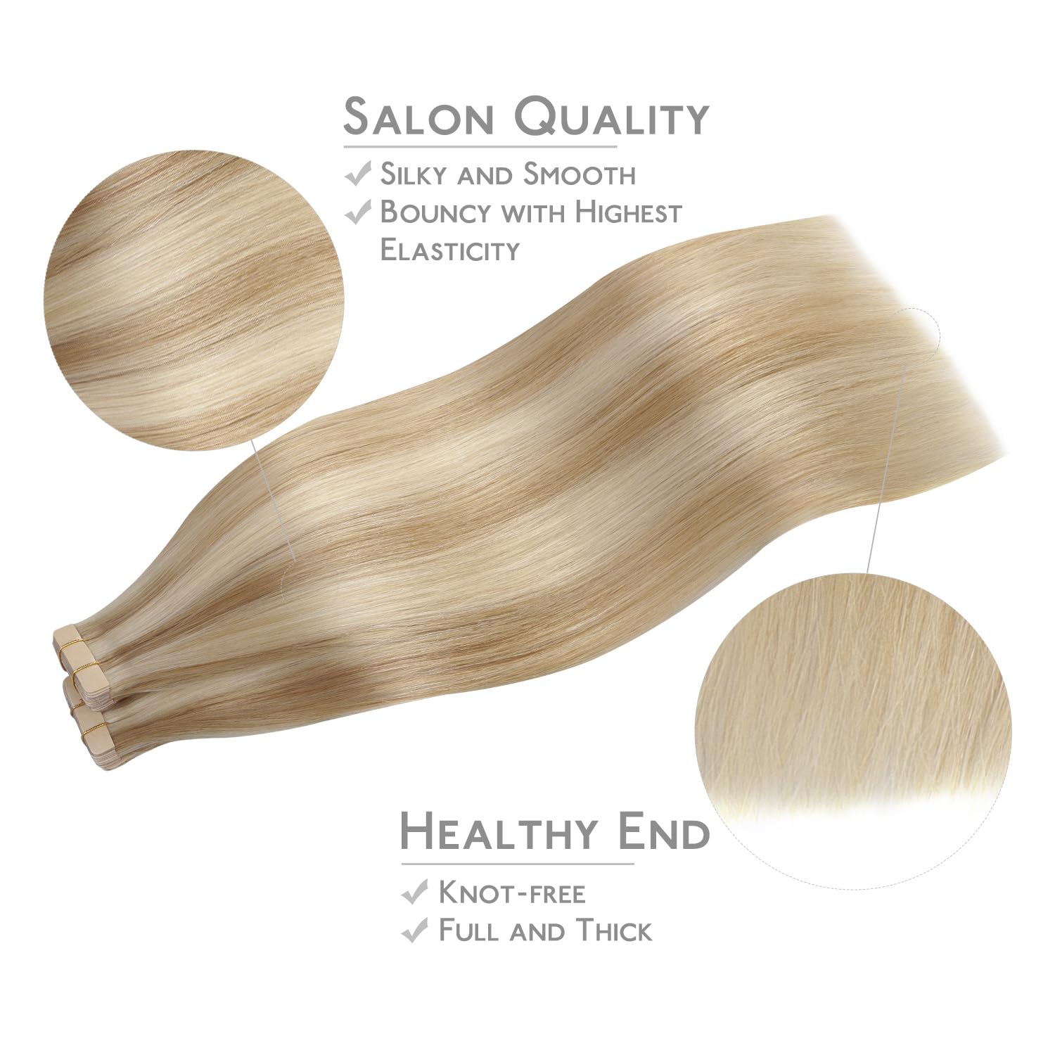 Detalle de WENNALIFE Tape-in Hair Extensions Human Hair, 40pcs 100g 22 inch Dirty Blonde Highlighted Bleach Blonde