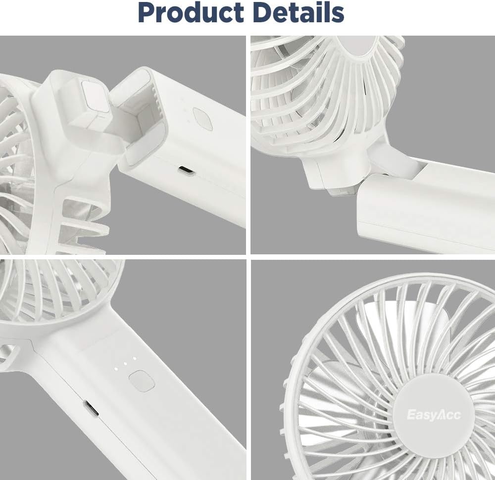 Detalle 2 de EasyAcc Handventilator mit 5.000 mAh Akku und Powerbank-Funktion – faltbar, wiederaufladbar, weiß