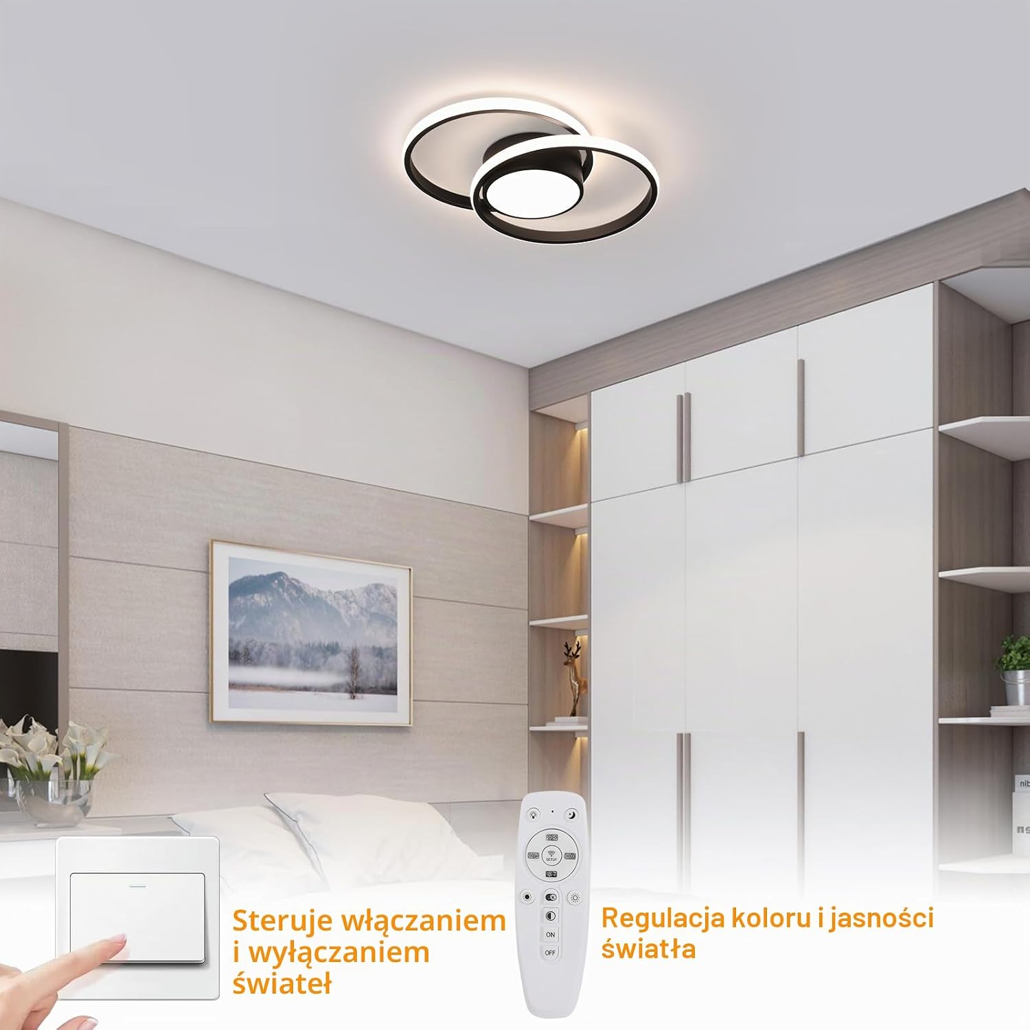 Detalle 2 de Comely Comely1904137, czarny plafon LED 40 cm, 40 W, 4500 lm, z pilotem