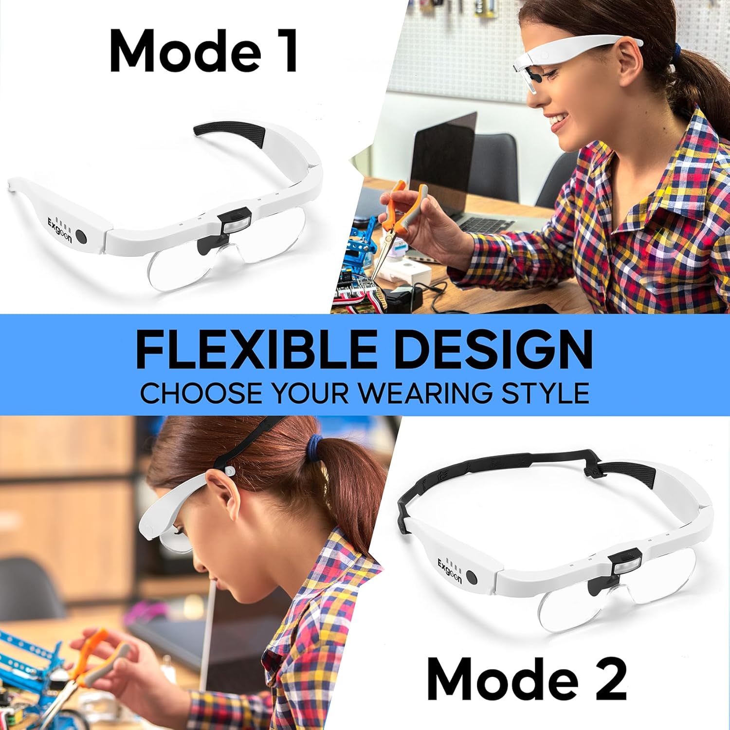 Thumbnail 3 de Exgoon Lupe mit Licht – freihändige Kopfbandlupe mit 1,5–5× Vergrößerung und 3 LEDs