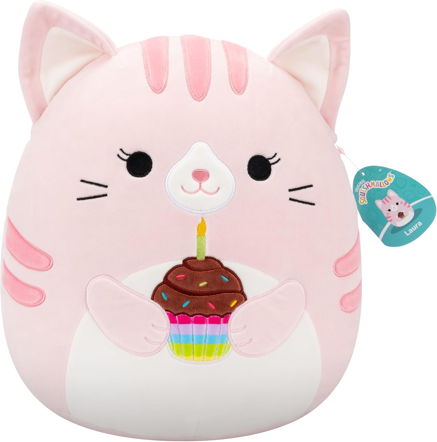 Detalle de Squishmallows Original 14in Laura the Pink Tabby Cat Holding Birthday Cupcake – Official Jazwares Plush
