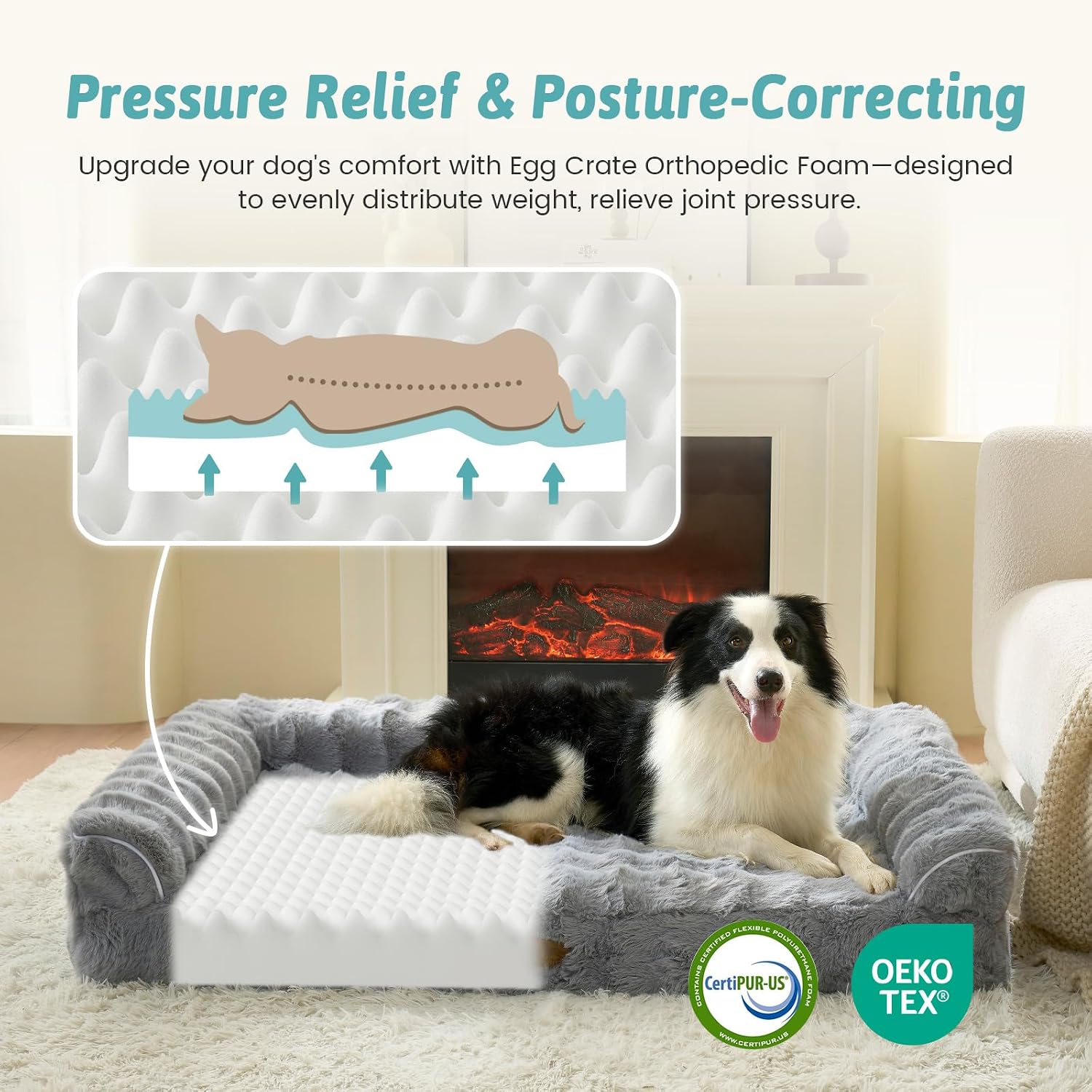 Detalle de COZY KISS Faux Fur Orthopedic Dog Bed (XXL) – Foam Sofa with U-Shape Bolster, Grey