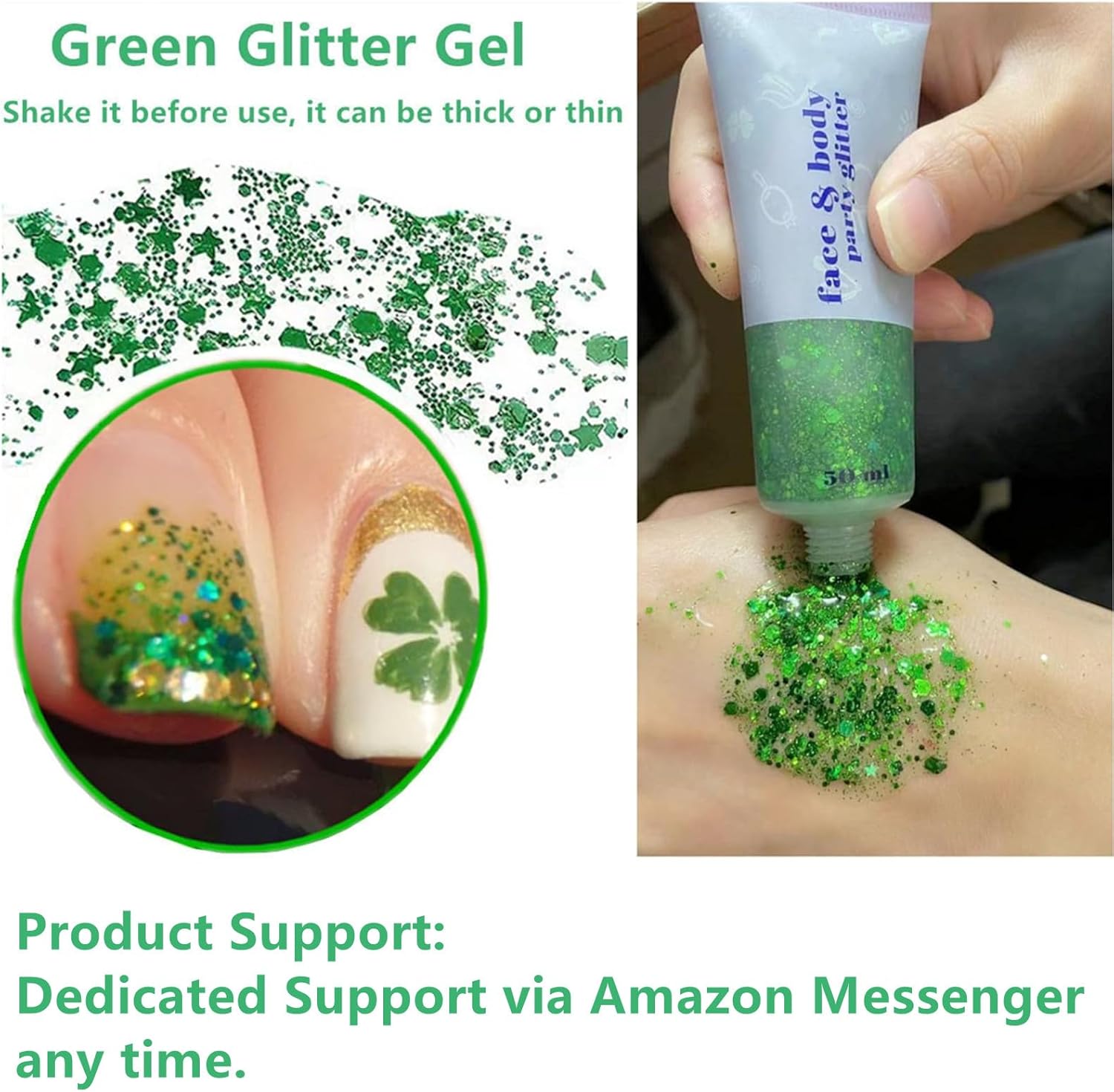 Detalle de Go Ho Green Body Glitter: St. Patrick's Day Holographic Glam for Face, Hair, and More
