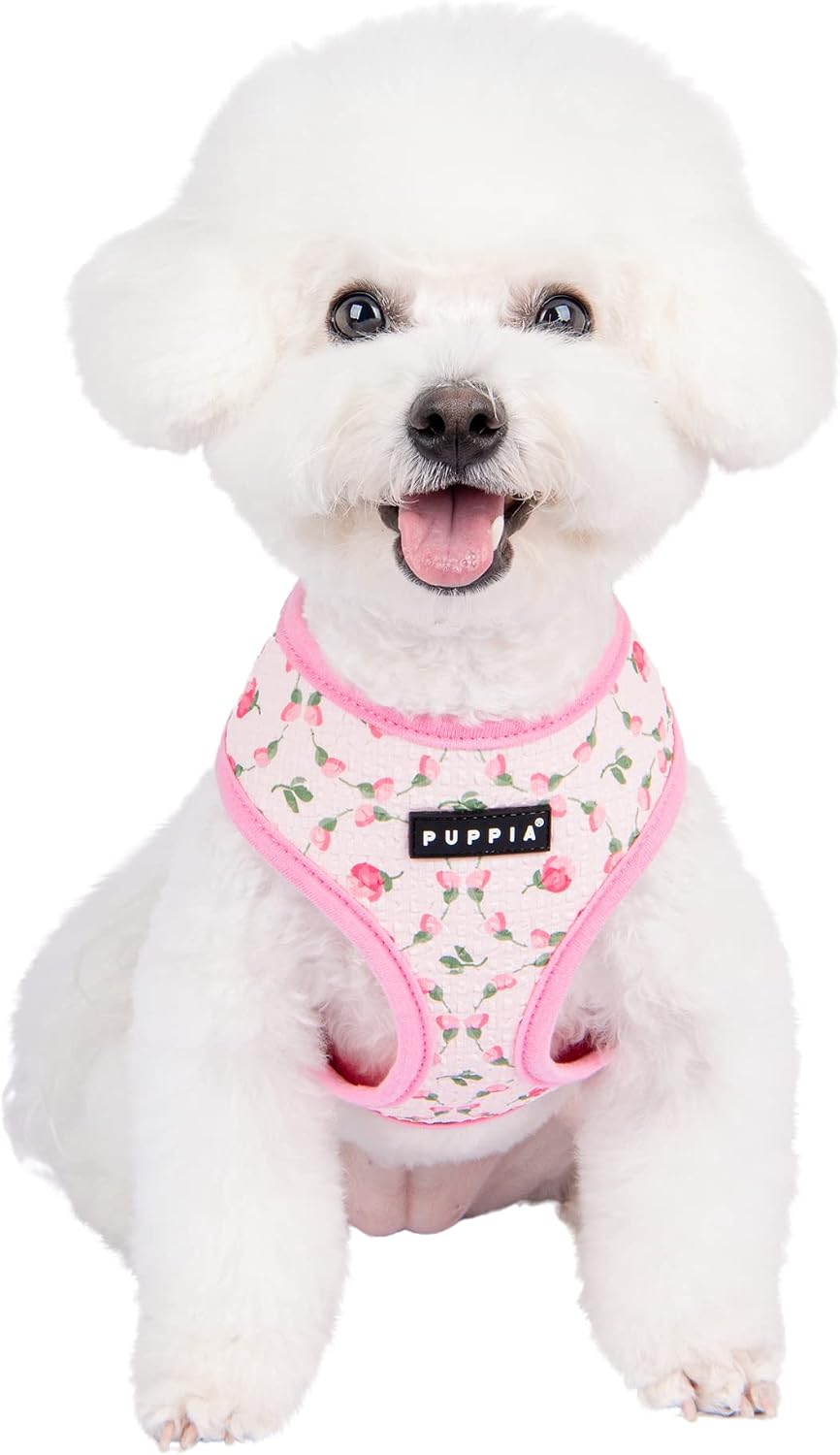 Detalle de Puppia Florian A – różowa uprząż dla psa, kwiatowy wzór, rozmiar M