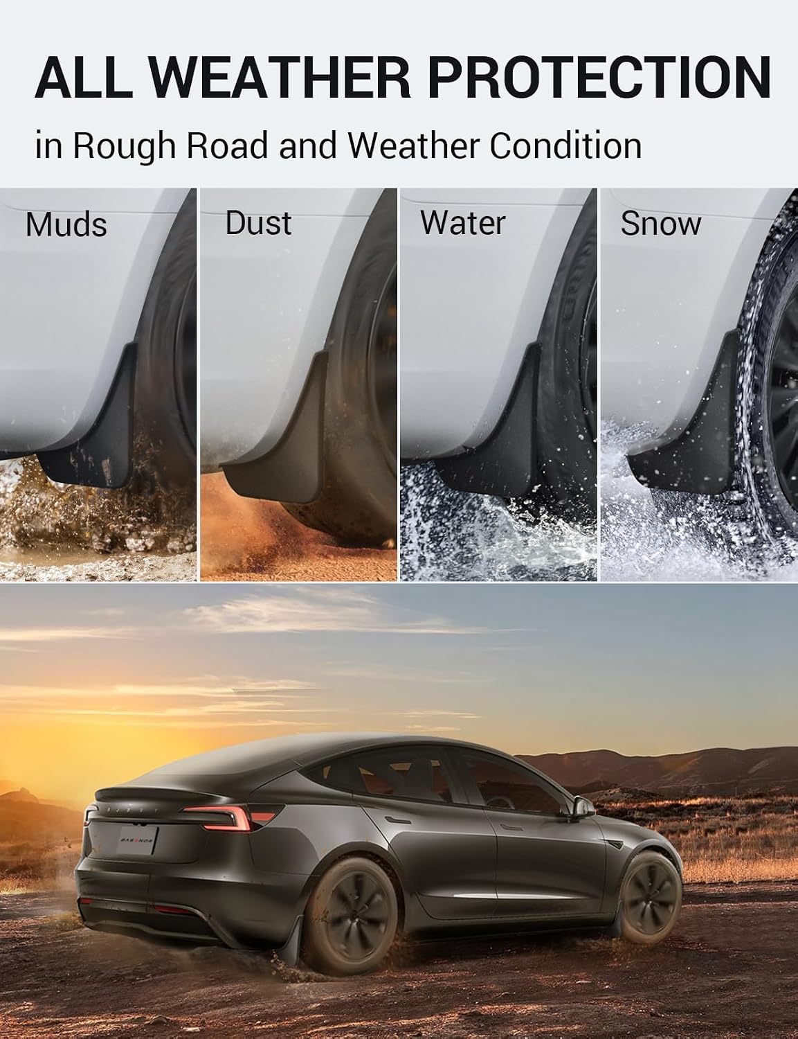 Detalle de BASENOR Highland Mud Flaps for Tesla Model 3 (2024–2026) – Set of 4, No Drilling, All-Weather Protection