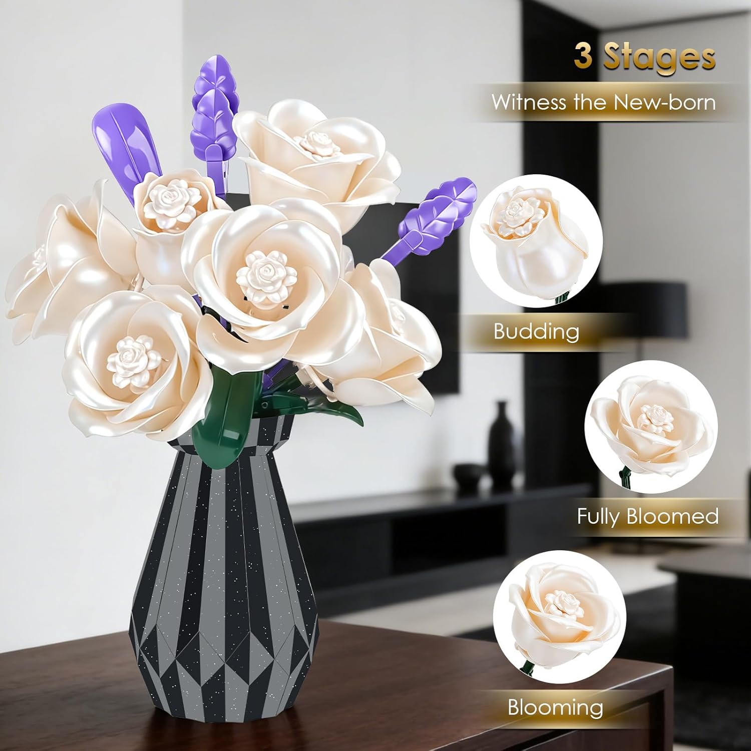 Thumbnail 5 de QYCHHJ White Roses Flower Bouquet Building Set with Vase – 256 Pcs