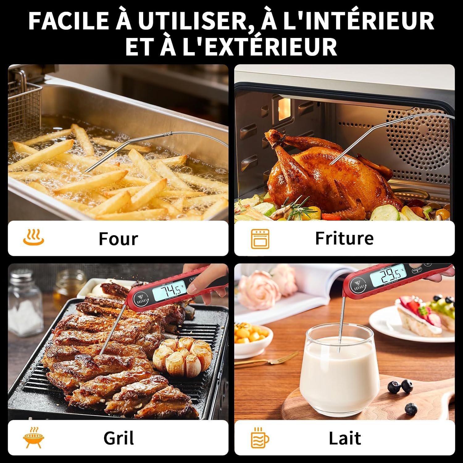 Thumbnail 6 de DOQAUS Thermomètre Cuisine Double Sondes Pliable – Lecture Instantanée 3s, Alarme et Cable Résistant