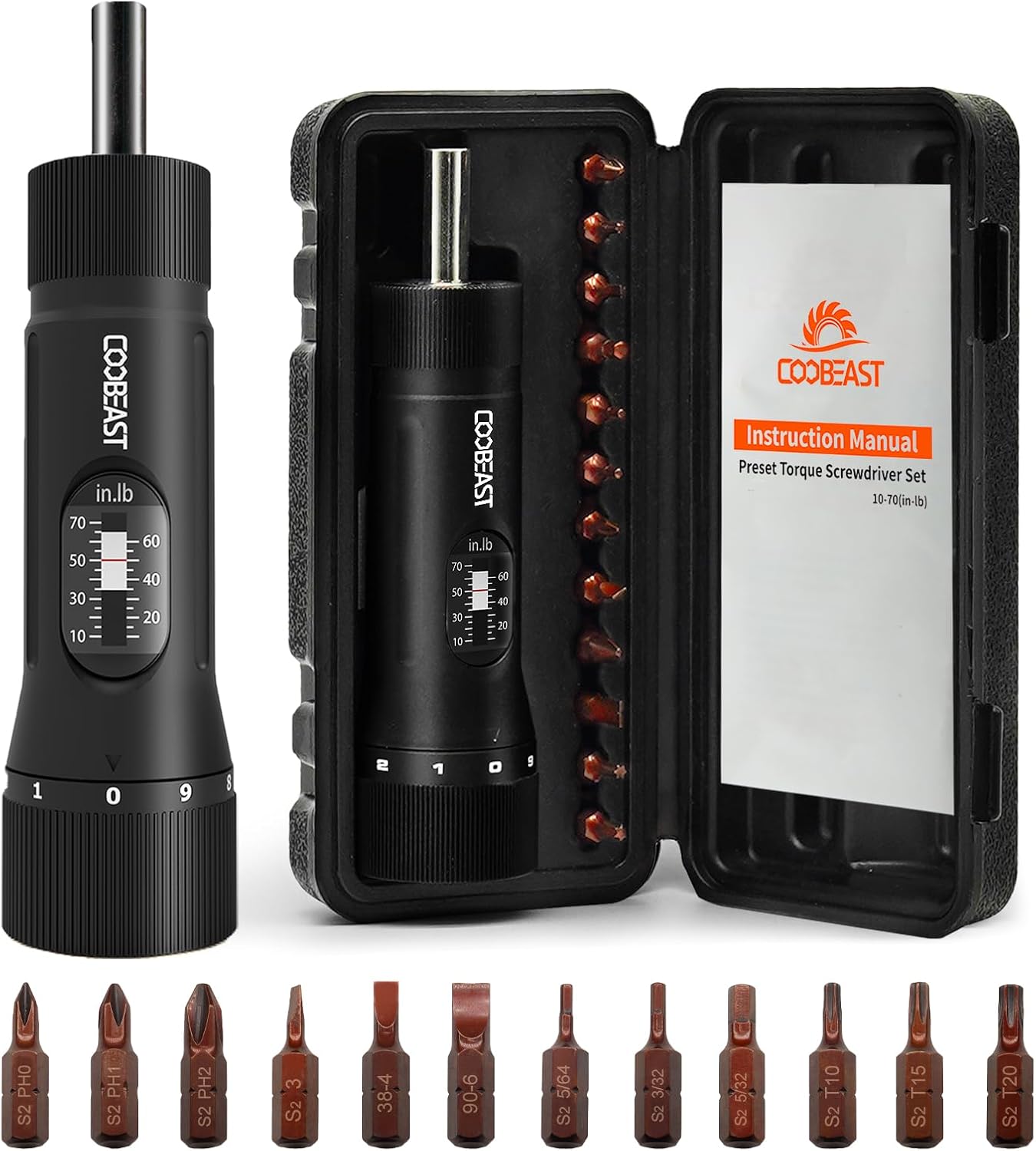 Detalle de coobeast 1/4-Inch Preset Torque Screwdriver Set, 10–70 in-lb, 12 S2 Bits