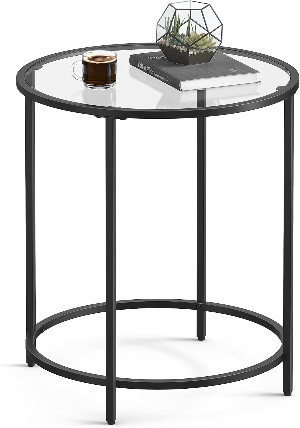 Detalle de VASAGLE BARIS LGT020B01 Round Side Table, Tempered Glass and Steel Frame