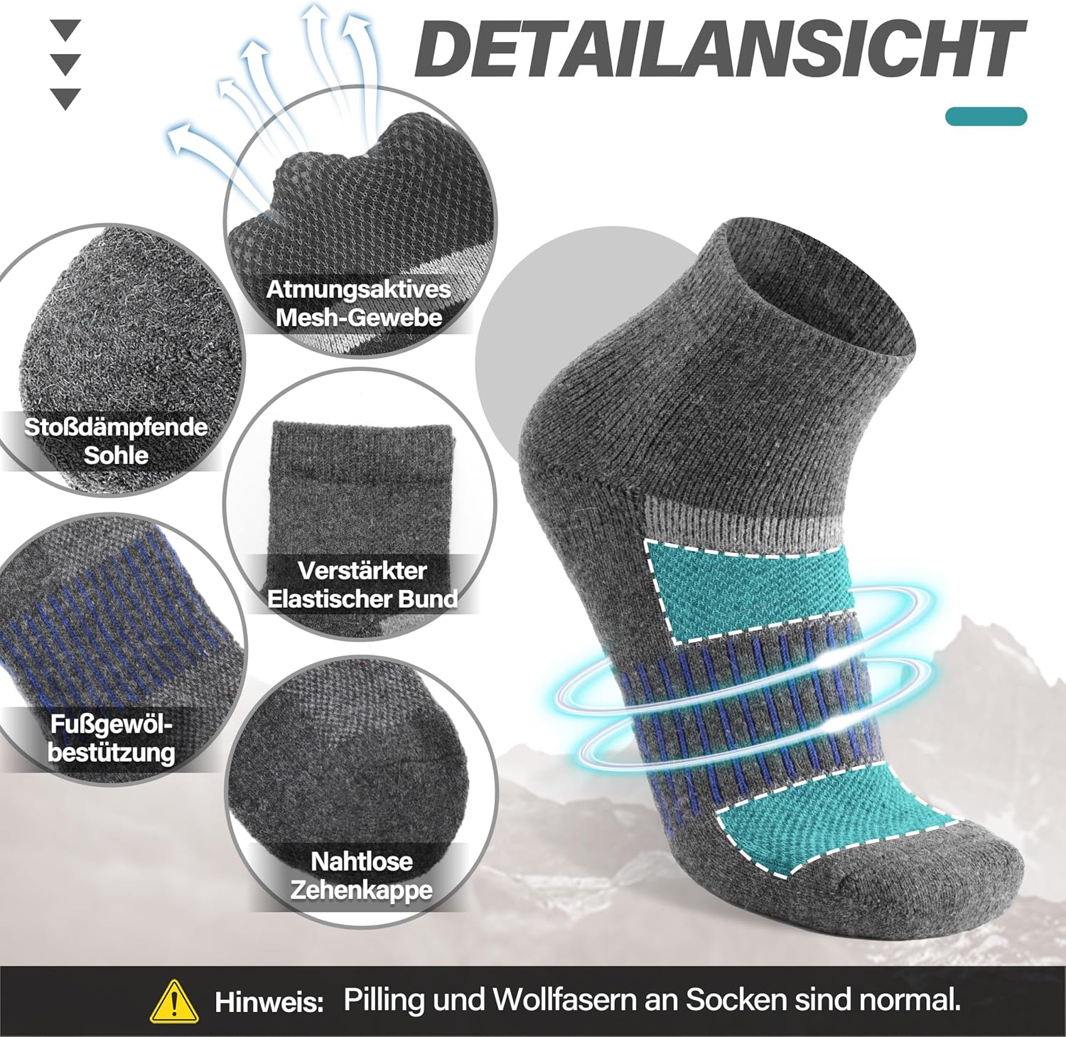 Thumbnail 3 de MOSEY KOSY Merino Kurz Viertellänge Wandersocken 6 Paar