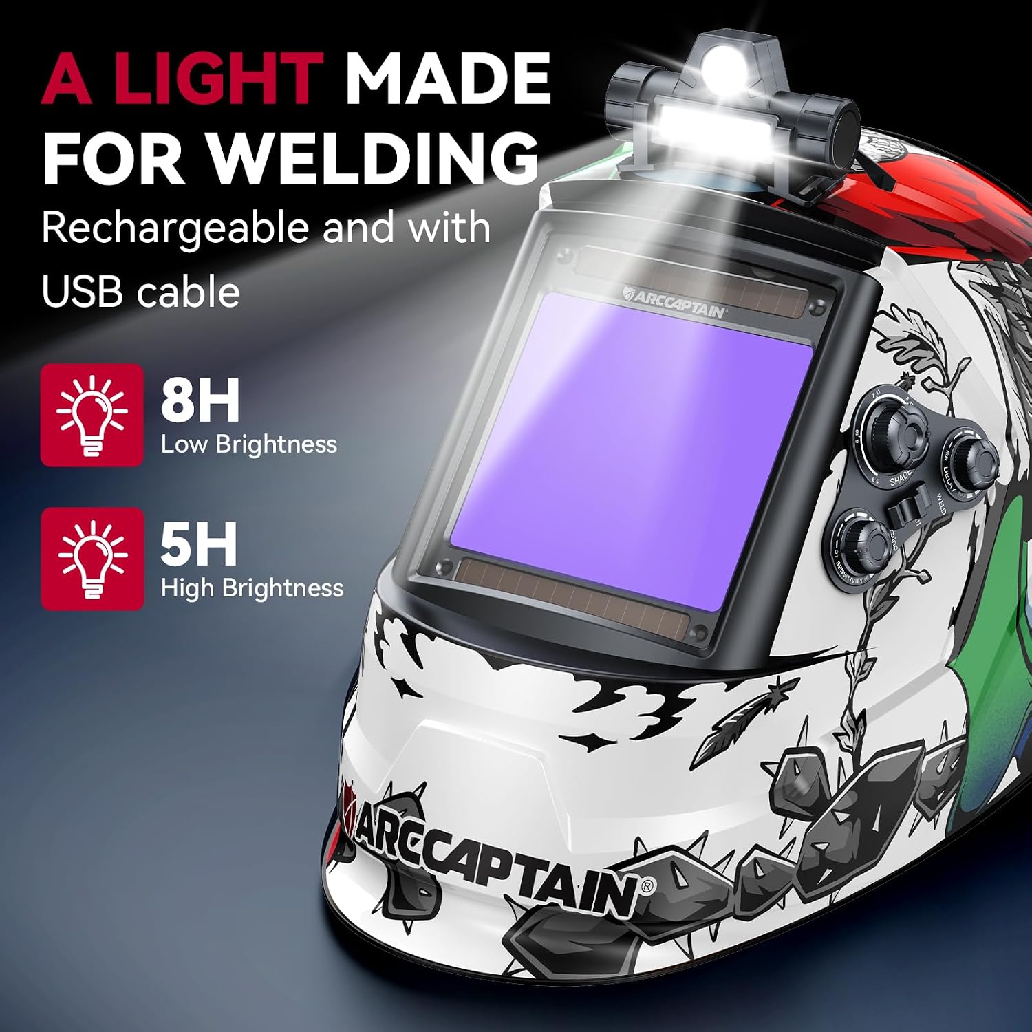 Detalle 2 de ARCCAPTAIN Auto-Darkening Welding Helmet with LED Light, True Color Lens