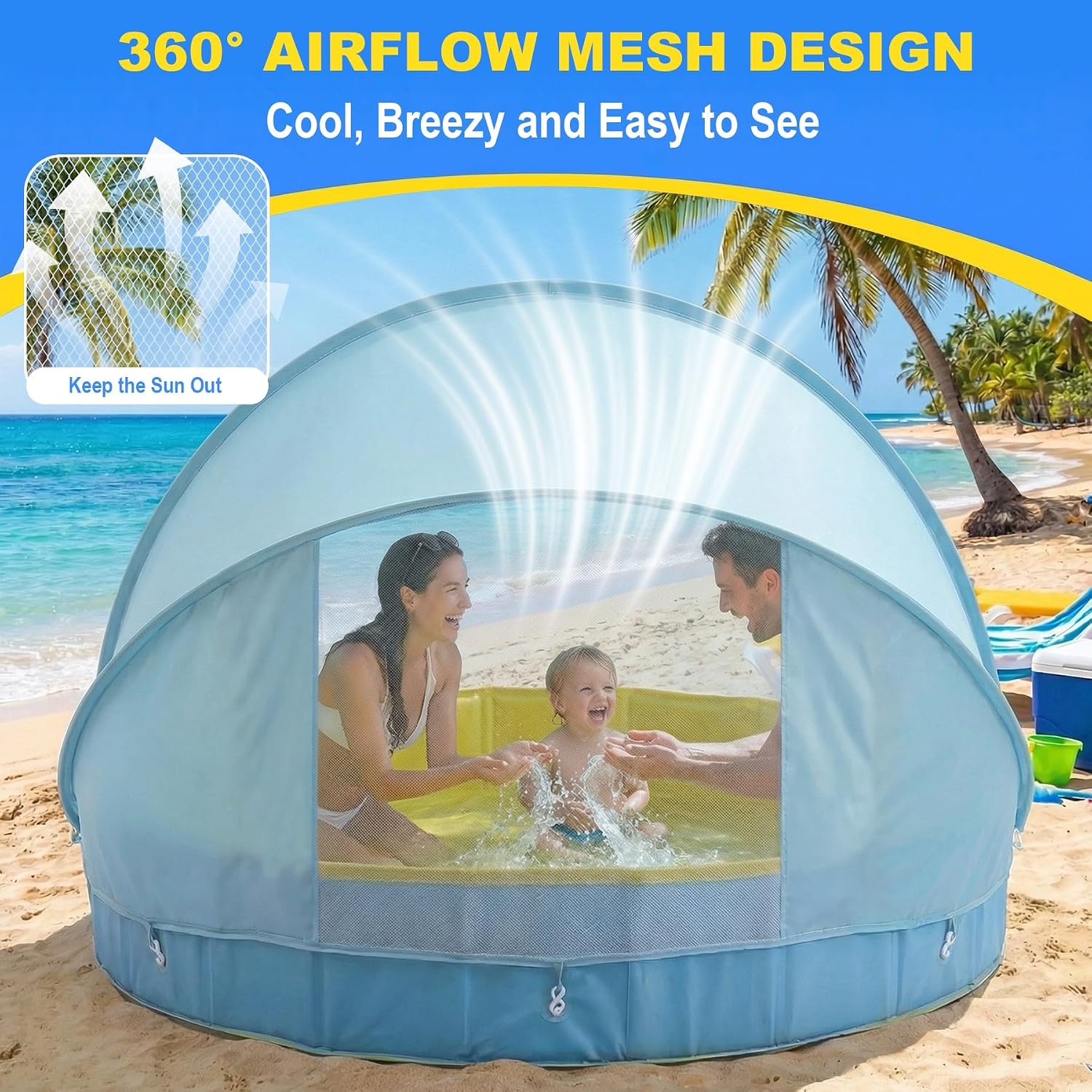 Detalle de Kiddie Pool with Canopy: Large 63in Foldable Pool with Detachable UPF 50+ Sunshade