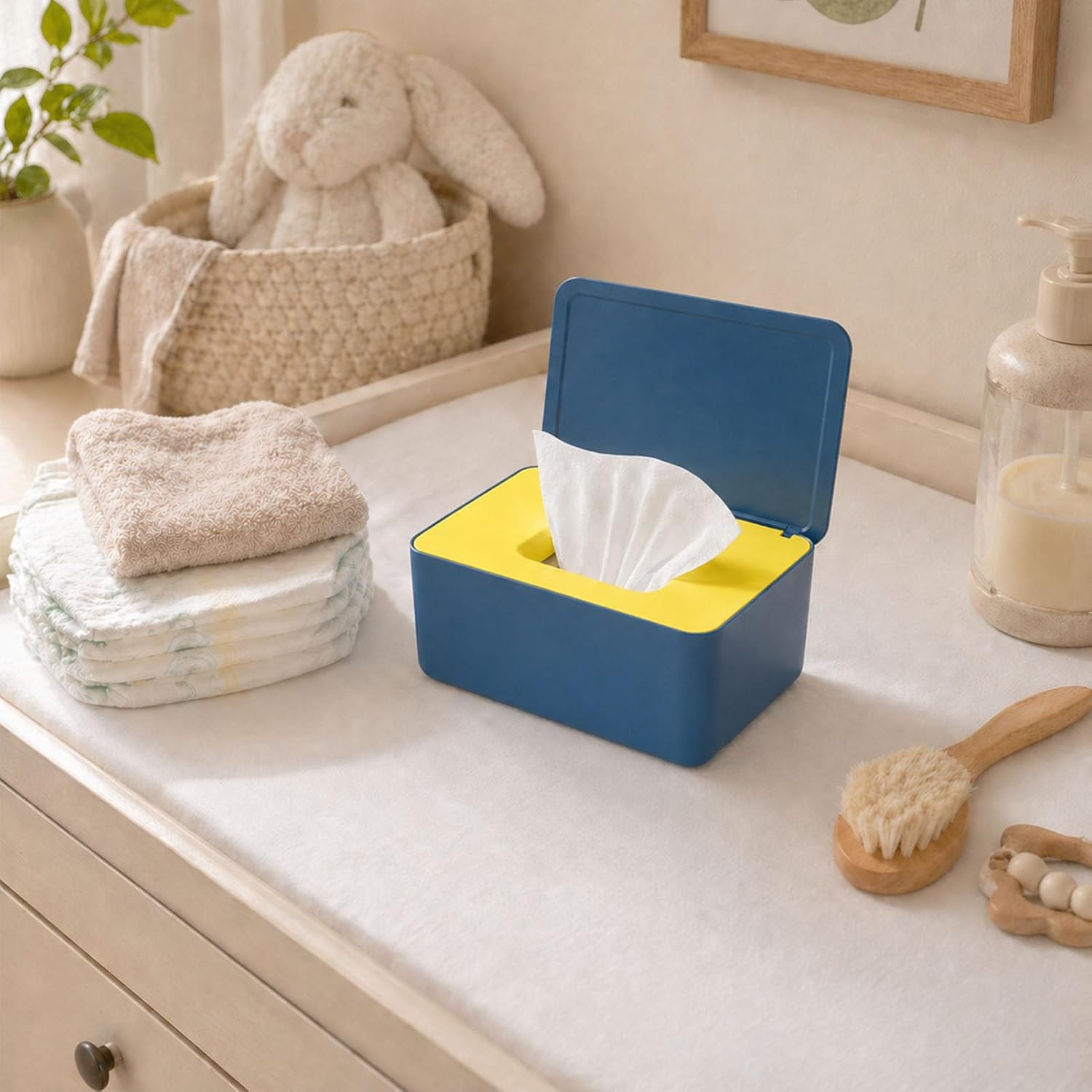 Detalle de jiuzcare Wet Wipes Box with Flip Lid – Blue Yellow Dispenser