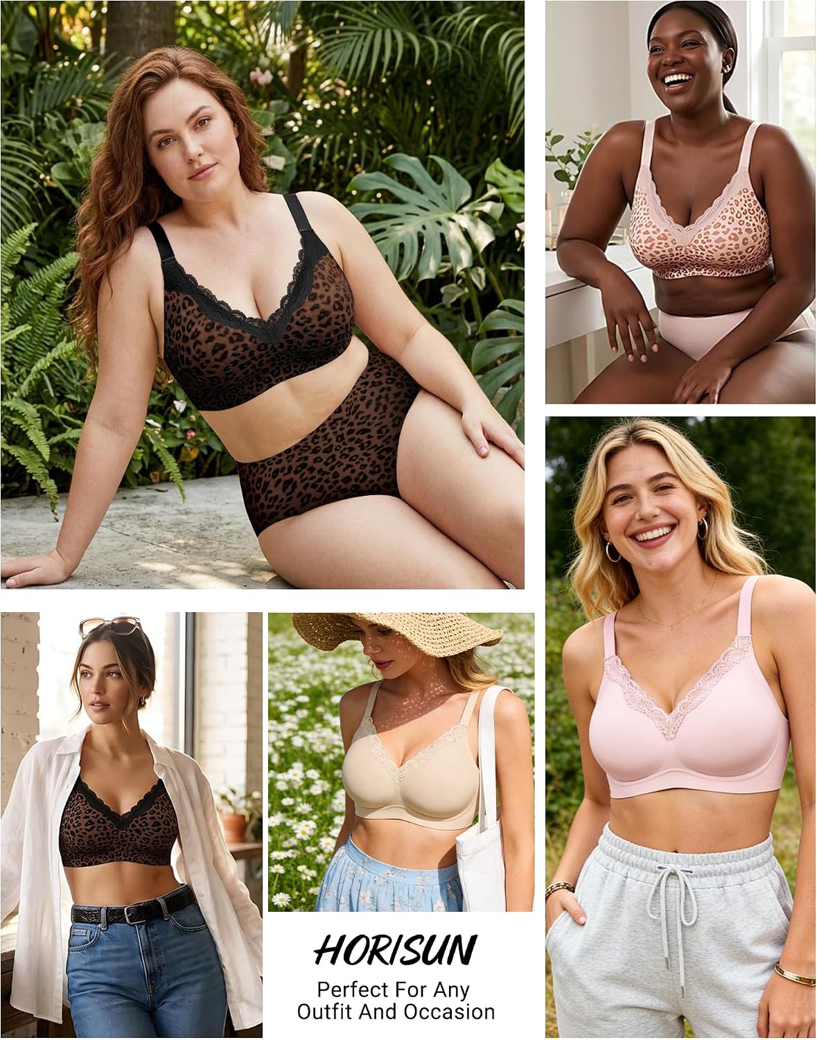 Detalle 2 de HORISUN Wireless No Underwire Bra for Women with V-Neck Lace Trim: Jelly Supportive Seamless Bralette