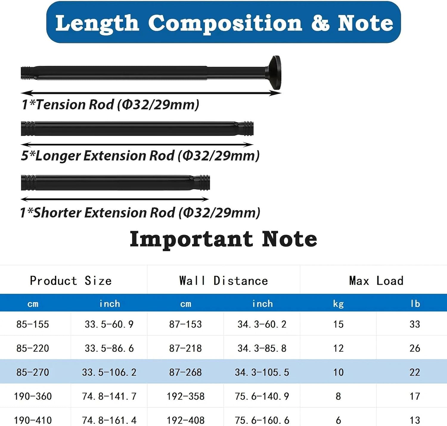 Thumbnail 4 de Aiitomg bastone per tenda a pressione telescopica (85-270 cm) nero, senza foratura