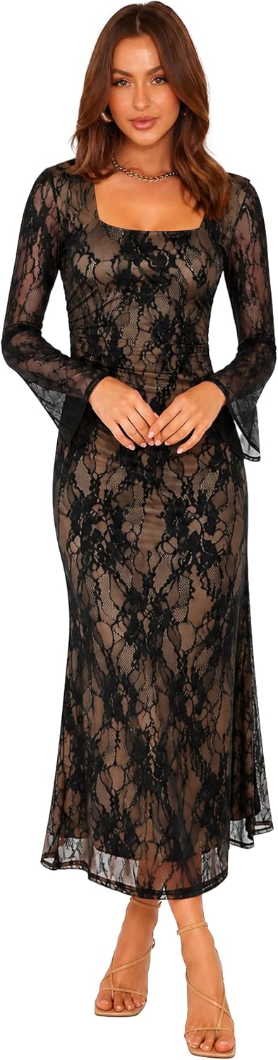 Detalle 2 de Sipaya Women's Bodycon Maxi Dress with Square Neck and Sheer Long Sleeves