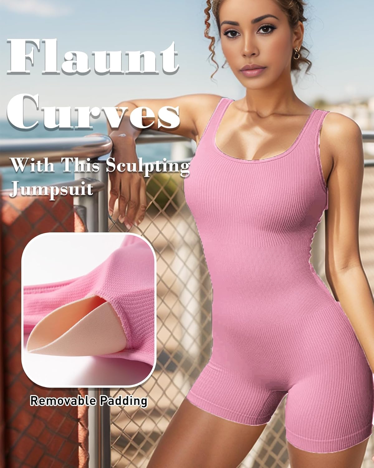 Thumbnail 1 de Merlvida Sport Jumpsuit für Damen – kurzer, figurbetonter nahtloser Overall mit abnehmbaren Brustpolstern