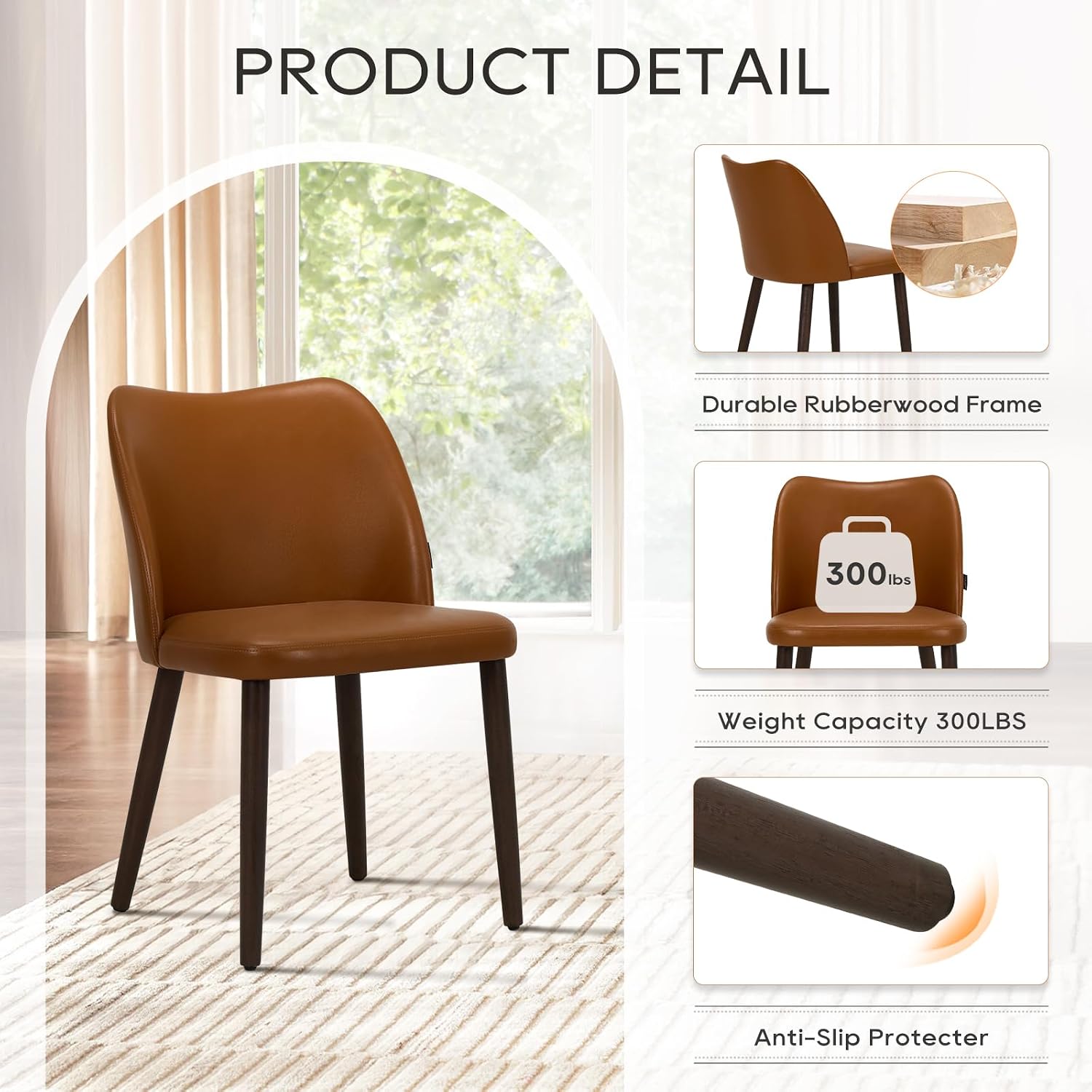 Detalle de COLAMY Upholstered Dining Chairs, Set of 4, Light Brown Faux Leather