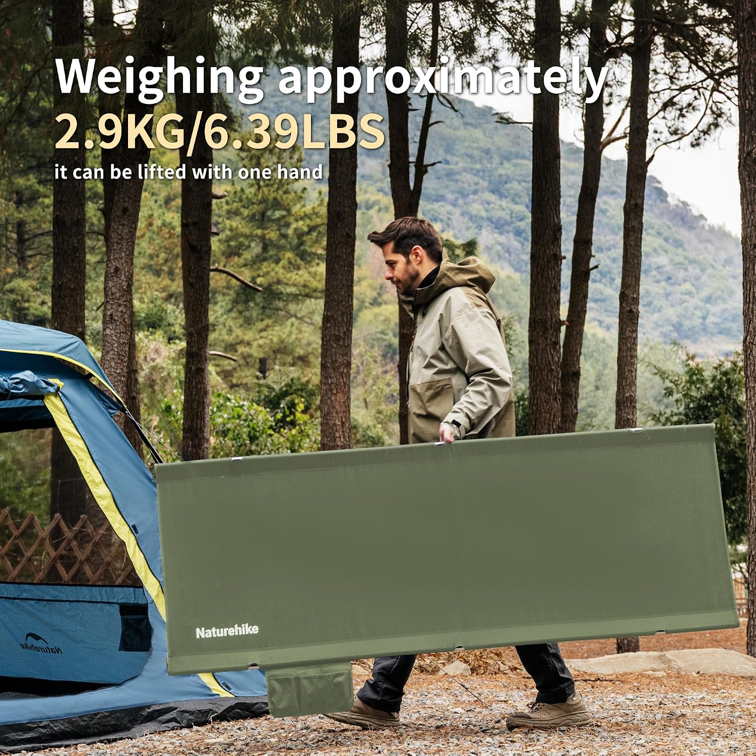 Detalle de Naturehike NH19JJ006 hopfällbar campingsäng 190 × 70 cm, grön
