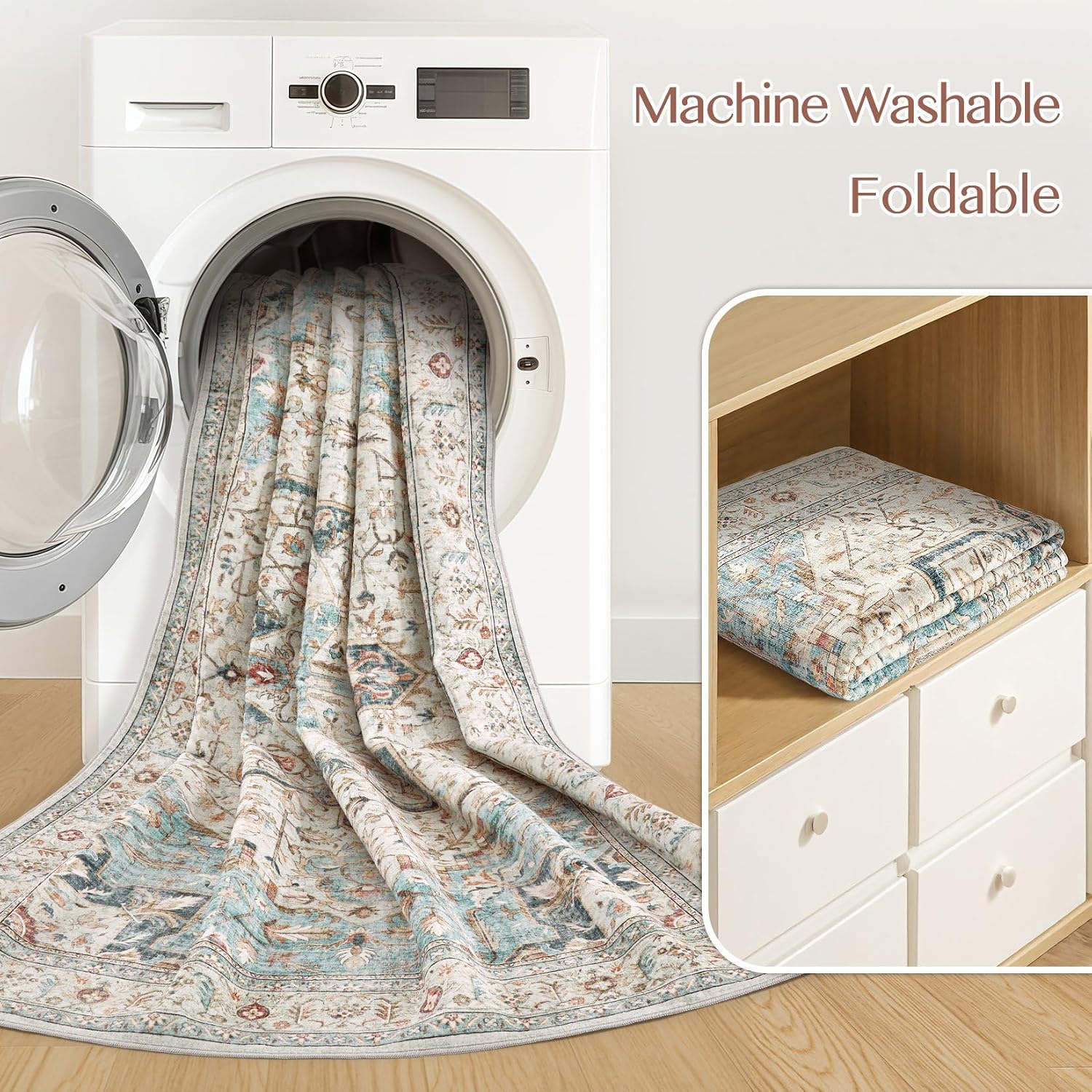 Detalle de Tortania Area Rug Living Room Rugs 10x14 Washable Boho Rug (Cream Blue)