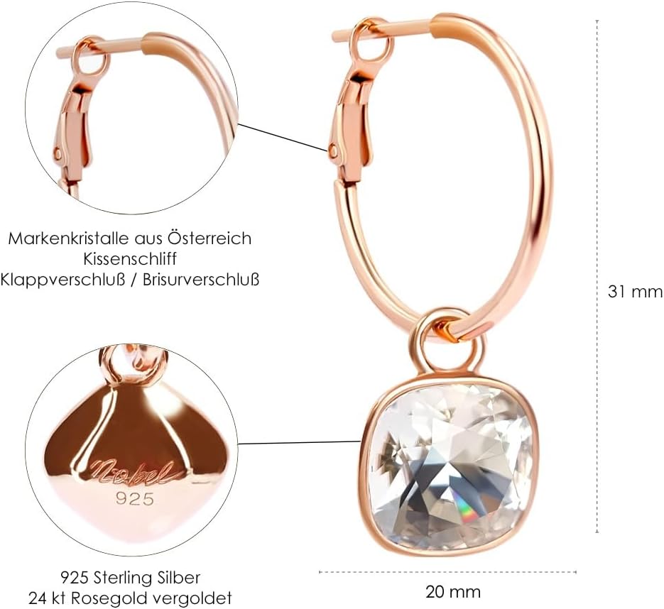 Detalle de Rosegold Creolen mit Anhänger – 925 Sterling Silber, Rosegold-Auflage & Marken Kristalle