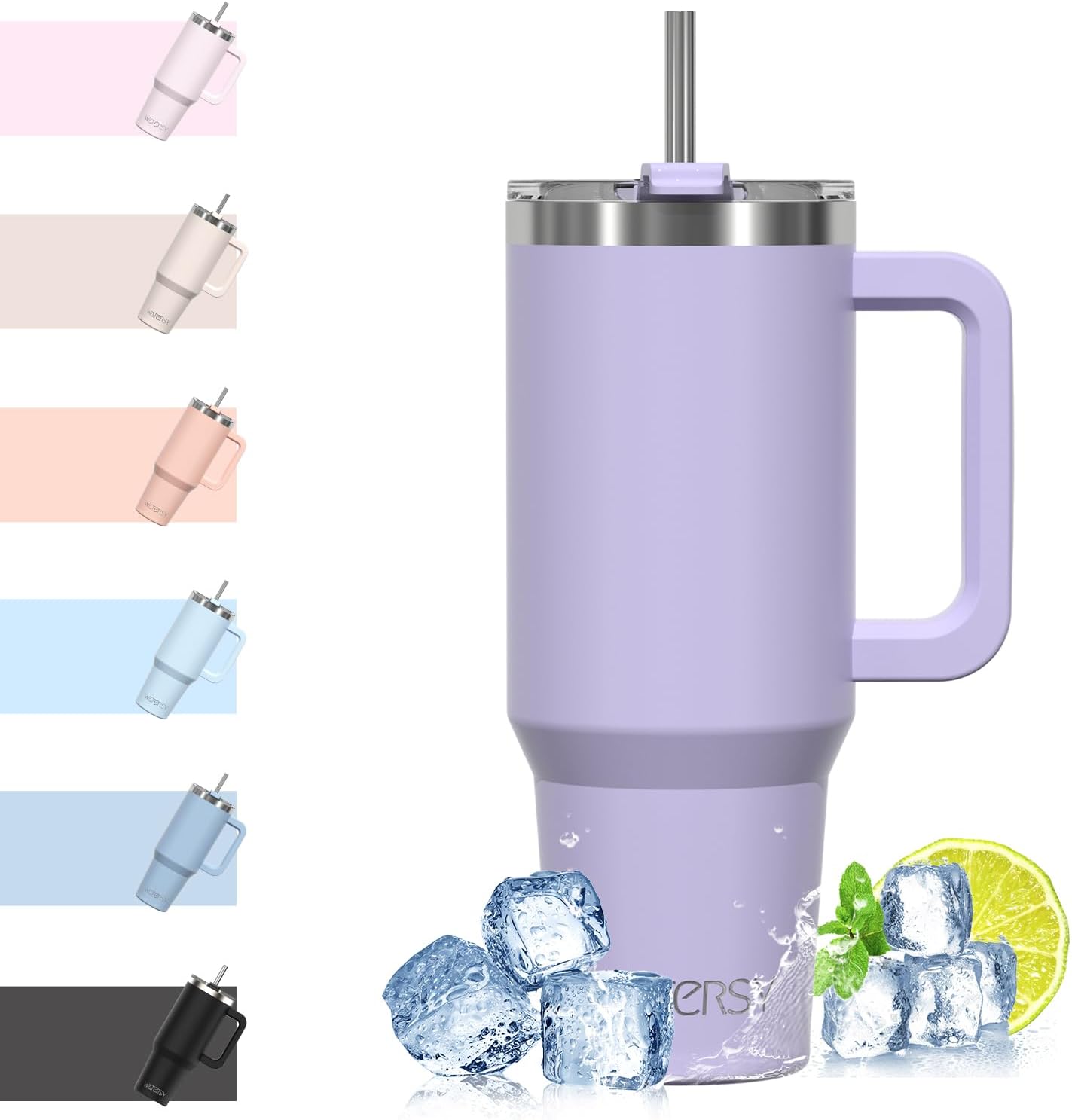 WATERSY Travel Mug Coffee Cup 40oz Tumbler with Straw Lid and Handle – 1182ml Stainless Steel, Purple