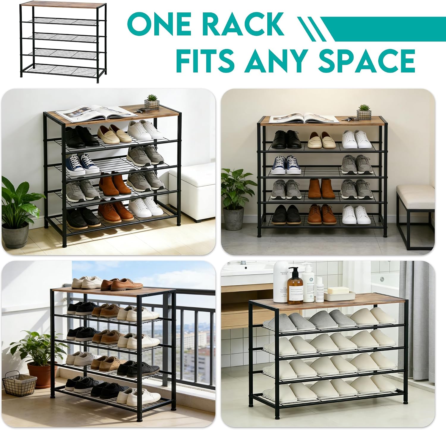 Detalle 2 de ZOESTORAGE Schuhregal 5 Ebenen mit Sitzgelegenheit – robustes Metallregal mit rustikalbrauner Sitzfläche, 60 × 30 × 85 cm