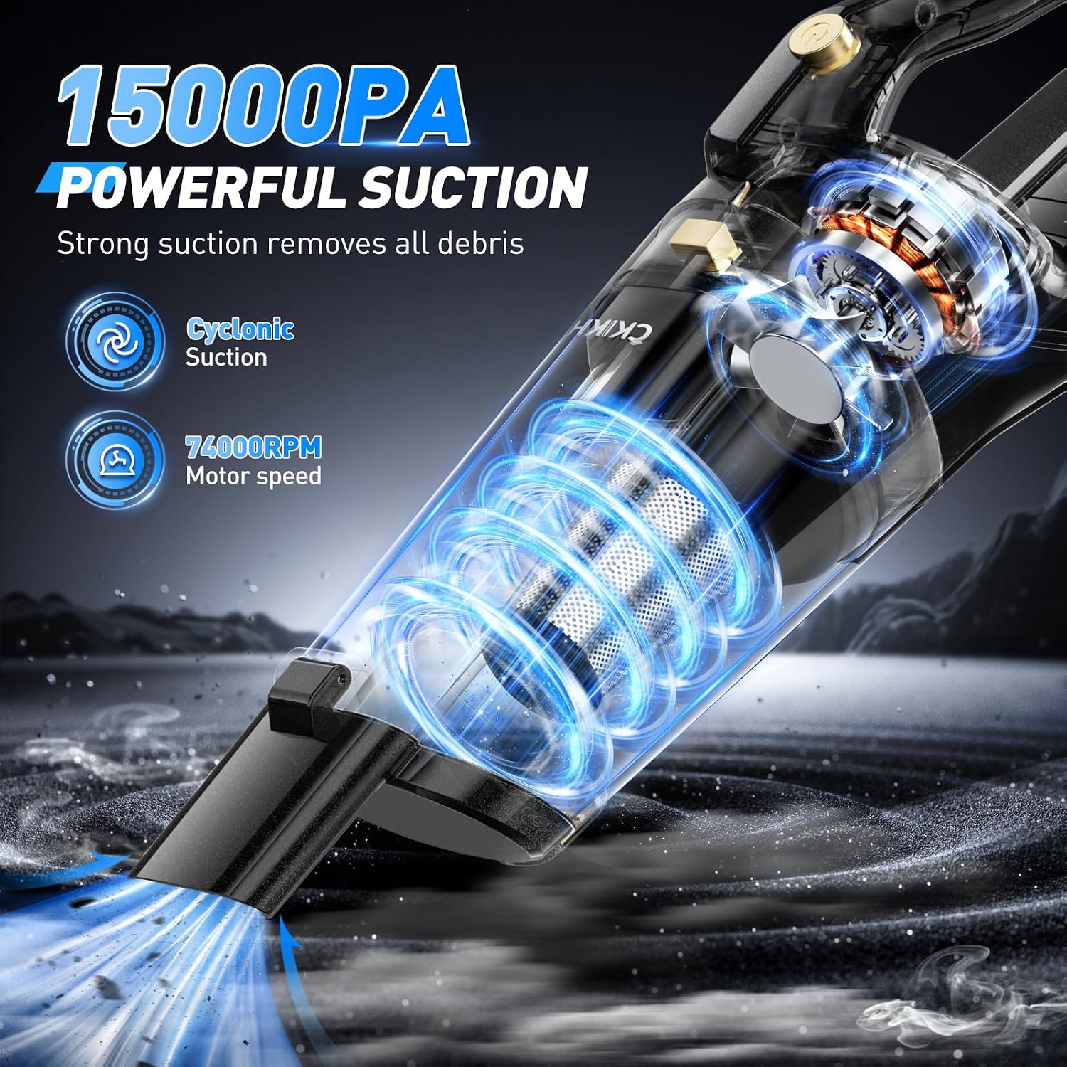 Detalle 2 de CKIKH Cordless Handheld Vacuum, 15,000 Pa Suction, HEPA Filter and LED Light
