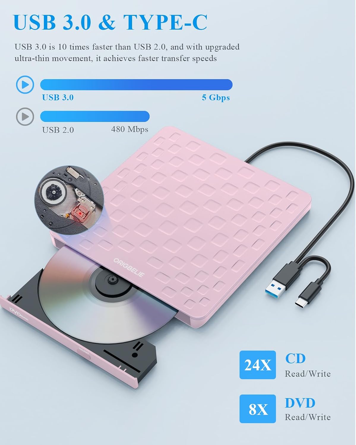 Detalle 2 de ORIGBELIE TP520-Pink External CD/DVD Drive, USB 3.0, Type-C, 13mm