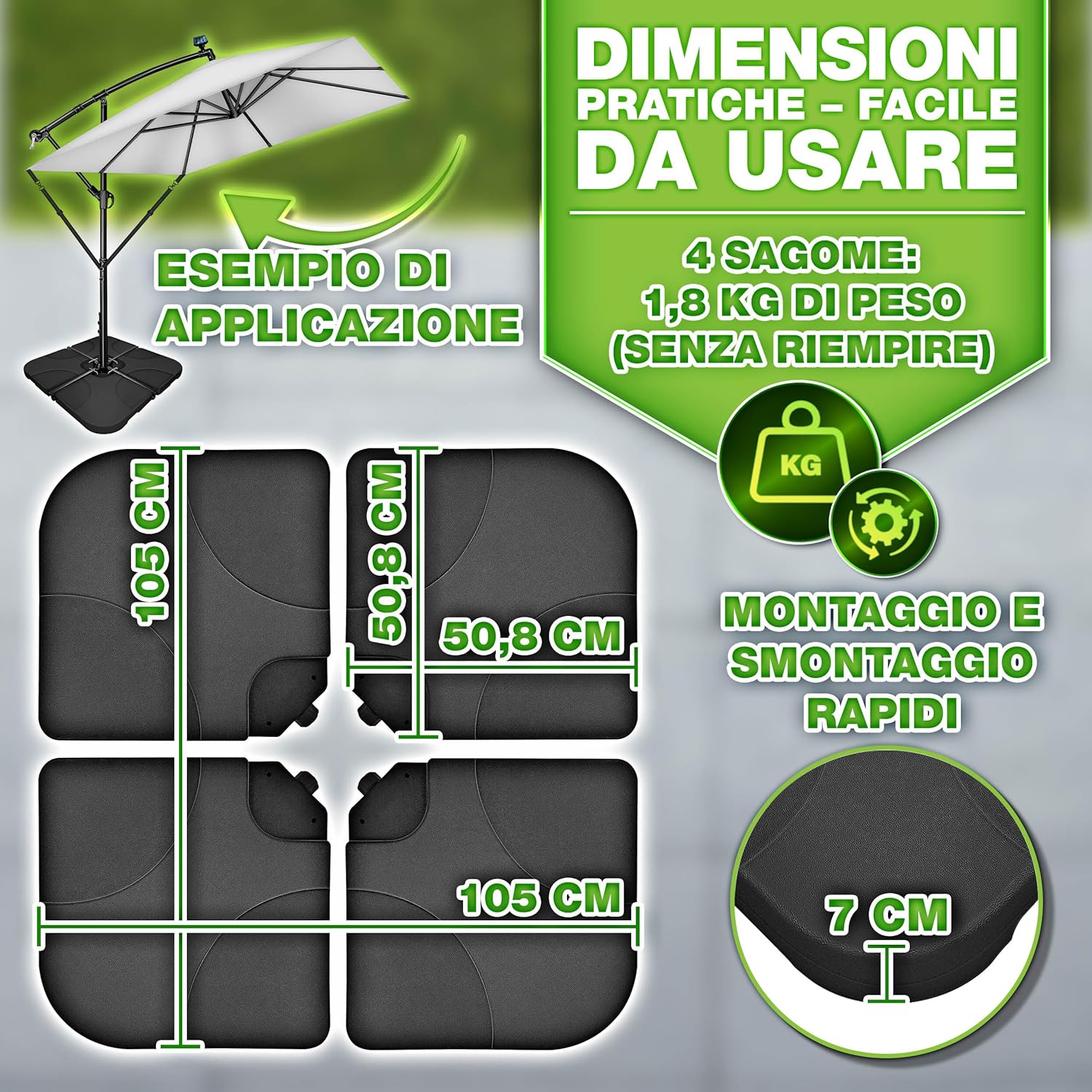 Thumbnail 6 de tillvex® Base per ombrellone 60 litri / 80 kg da 4 pezzi con connettore metallico (decetrata) per ombrellone decentrato
