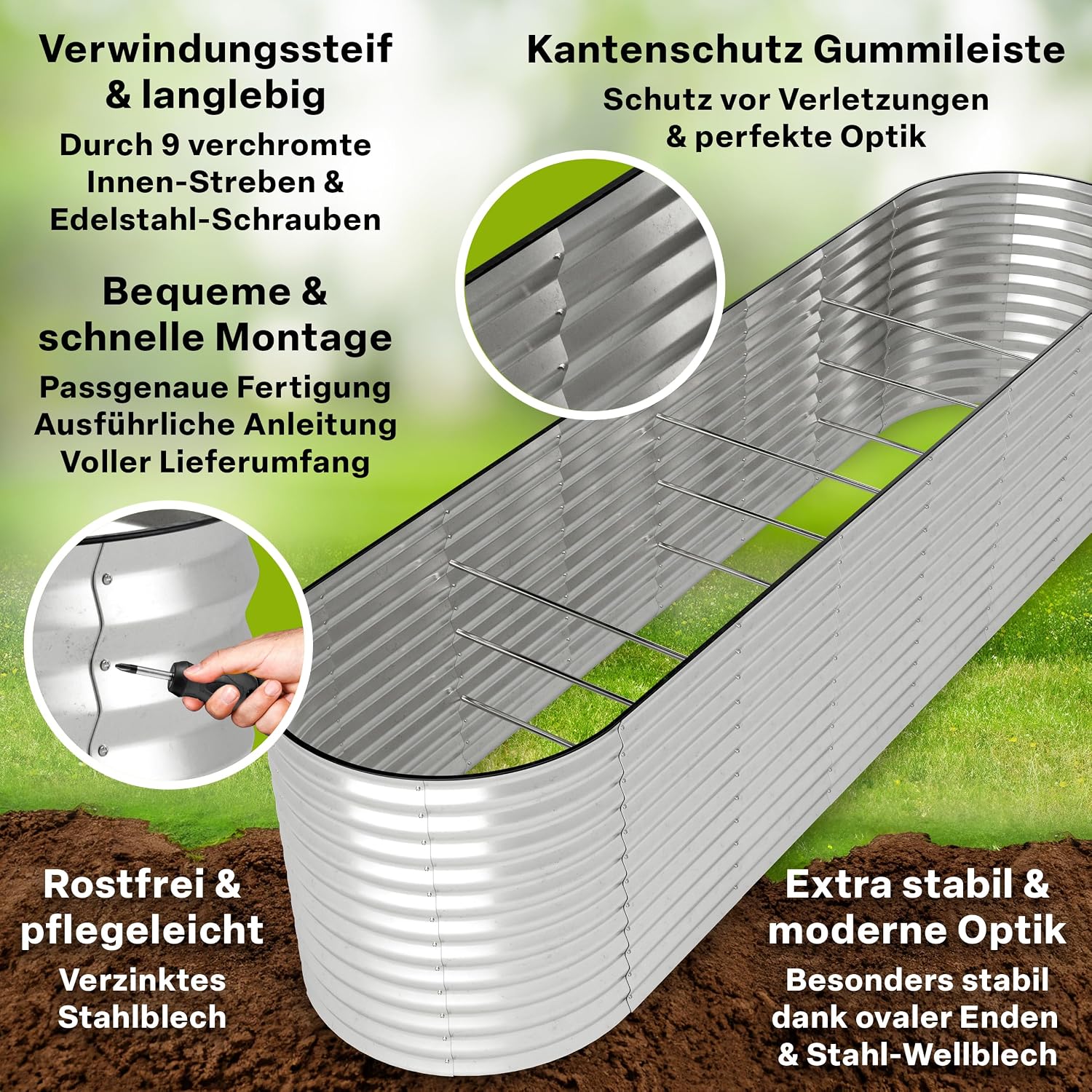 Thumbnail 2 de TTL GARDEN Spirit XL Metall-Hochbeet 320×80×80 cm (oval, silber) – verzinkt & wetterfest