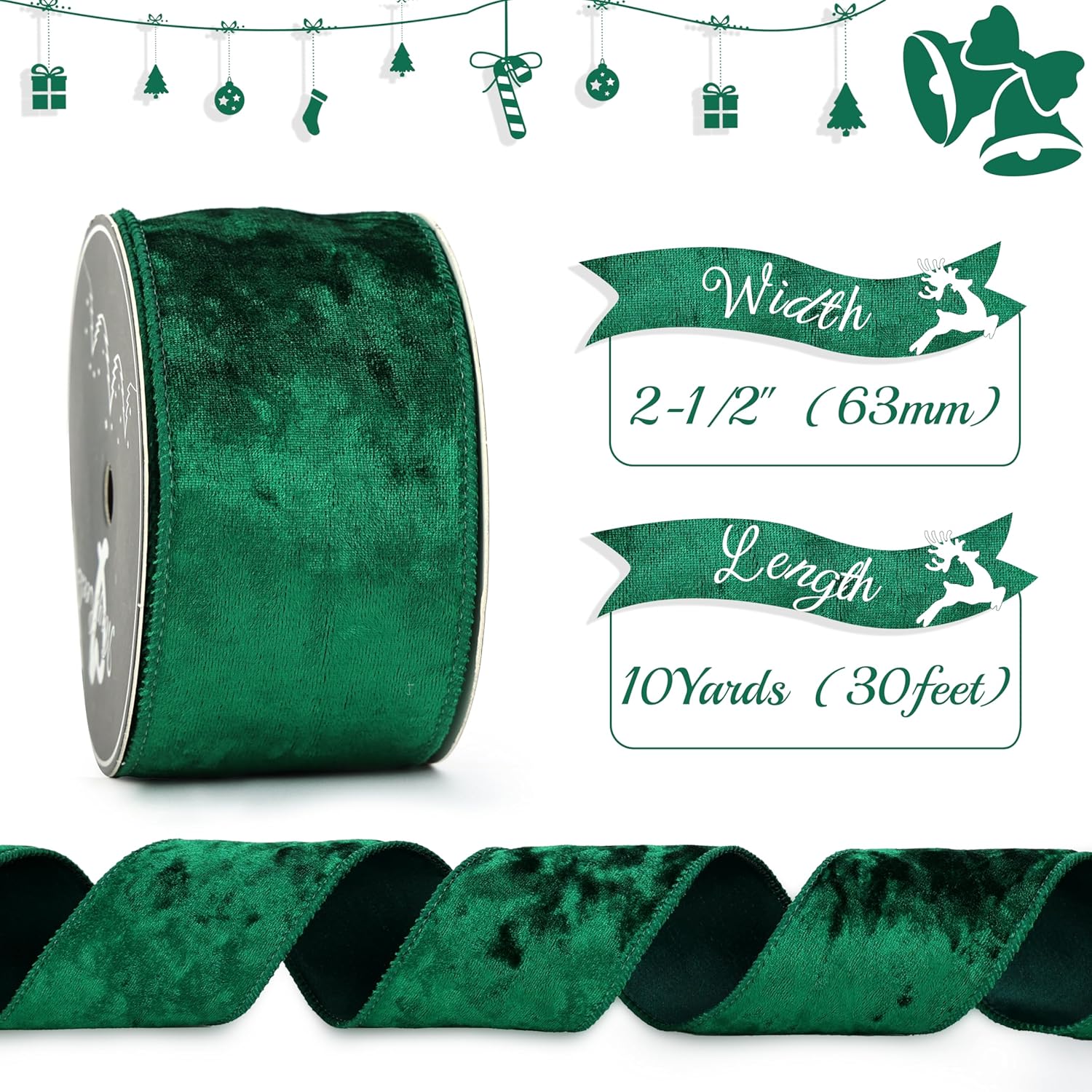 Thumbnail 1 de MAYREEL Green Crushed Velvet Ribbon 2.5" 🎀