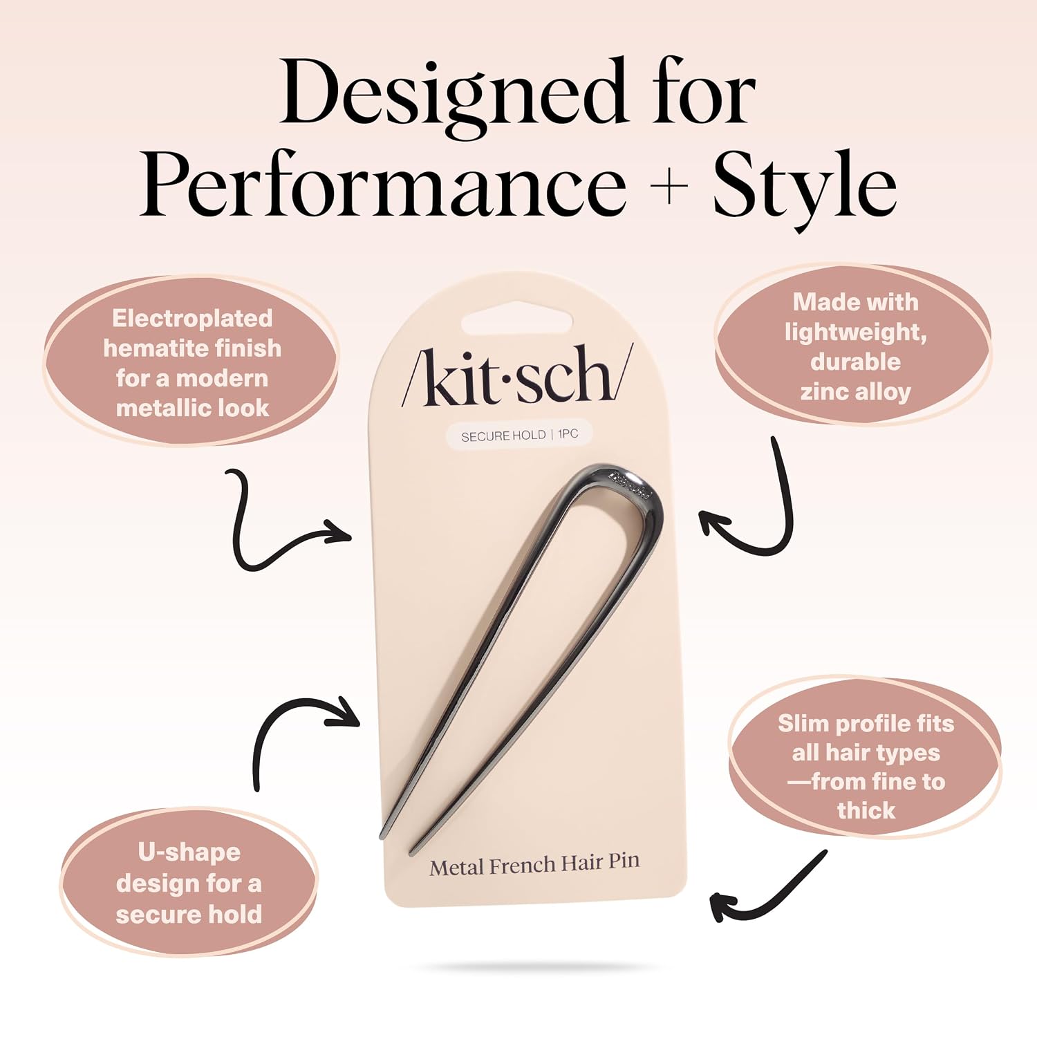 Detalle de Kitsch French Hair Pins for Women – Elegant, Durable U-Shaped Hair Fork (Hematite) for Updos