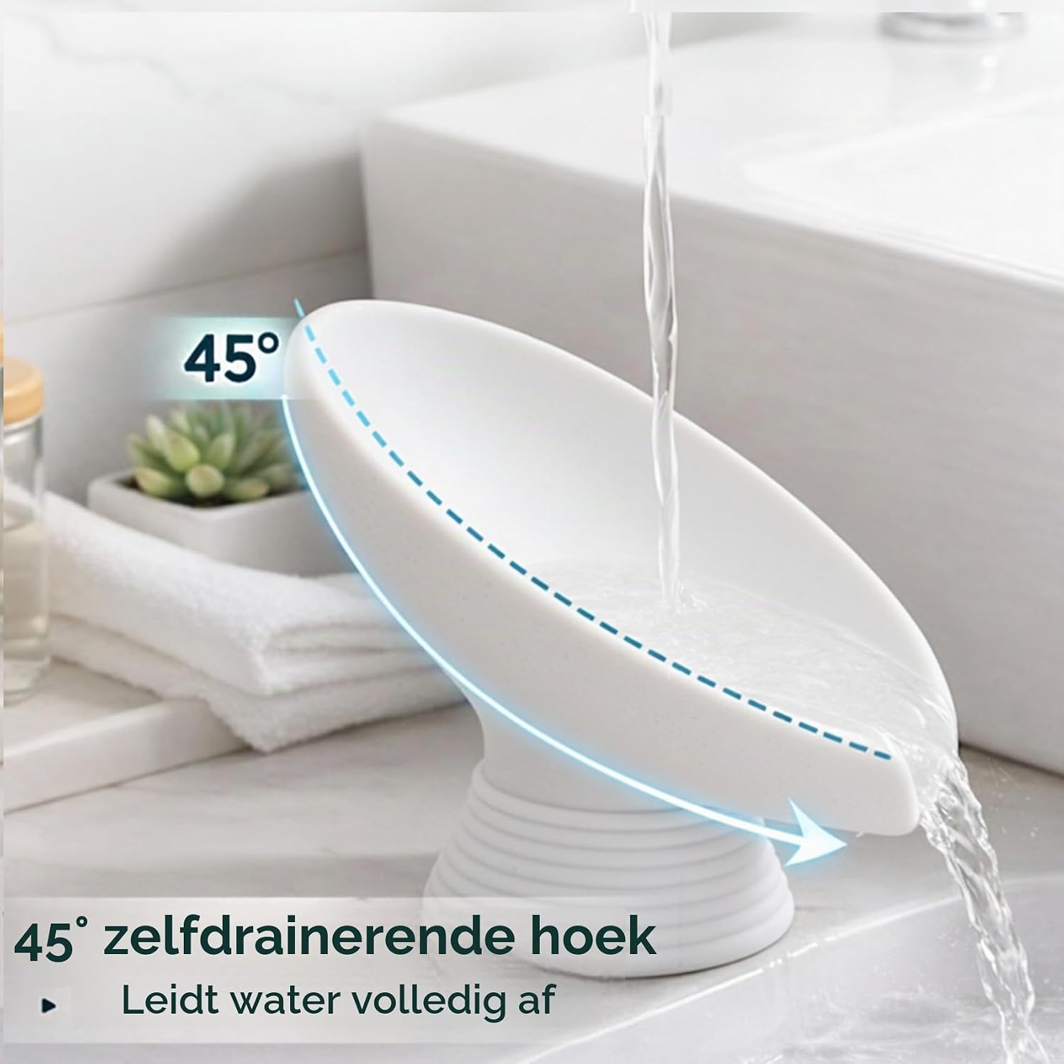 Detalle 2 de Blissilk ZH0613 bladvormige zeephouder van hars met afvoer, wit