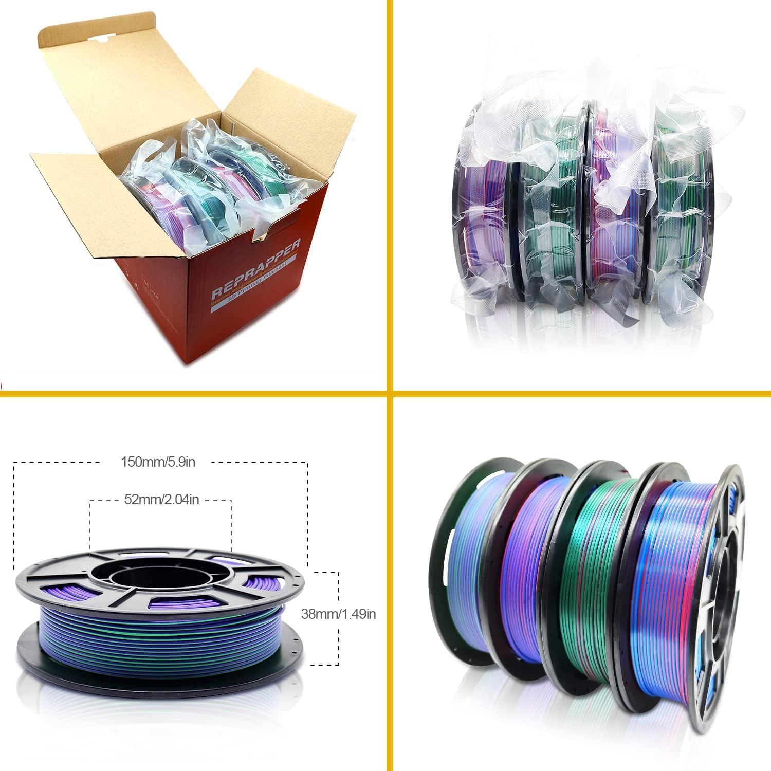 Detalle de Reprapper 4X 250g Color Pack – Dual Colour PLA Filament 1.75mm for 3D Printer & 3D Pen