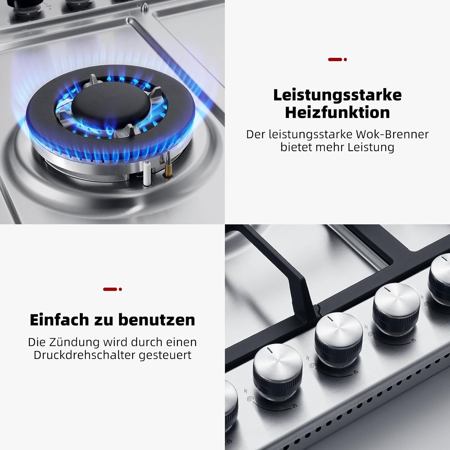 Detalle de GASLAND GH2705SS1FC 76 cm Einbau-Gaskochfeld aus Edelstahl mit 5 Brennern (Wok-Brenner, 10.400 Watt)