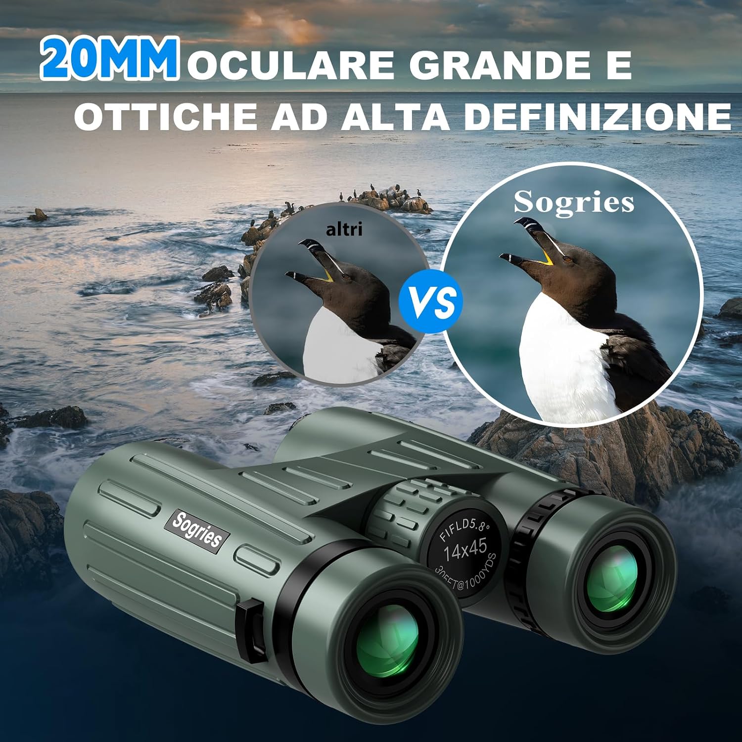 Detalle de Binocolo 14x45 per adulti con adattatore smartphone, treppiede e sistema impermeabile: occhio attento alla natura