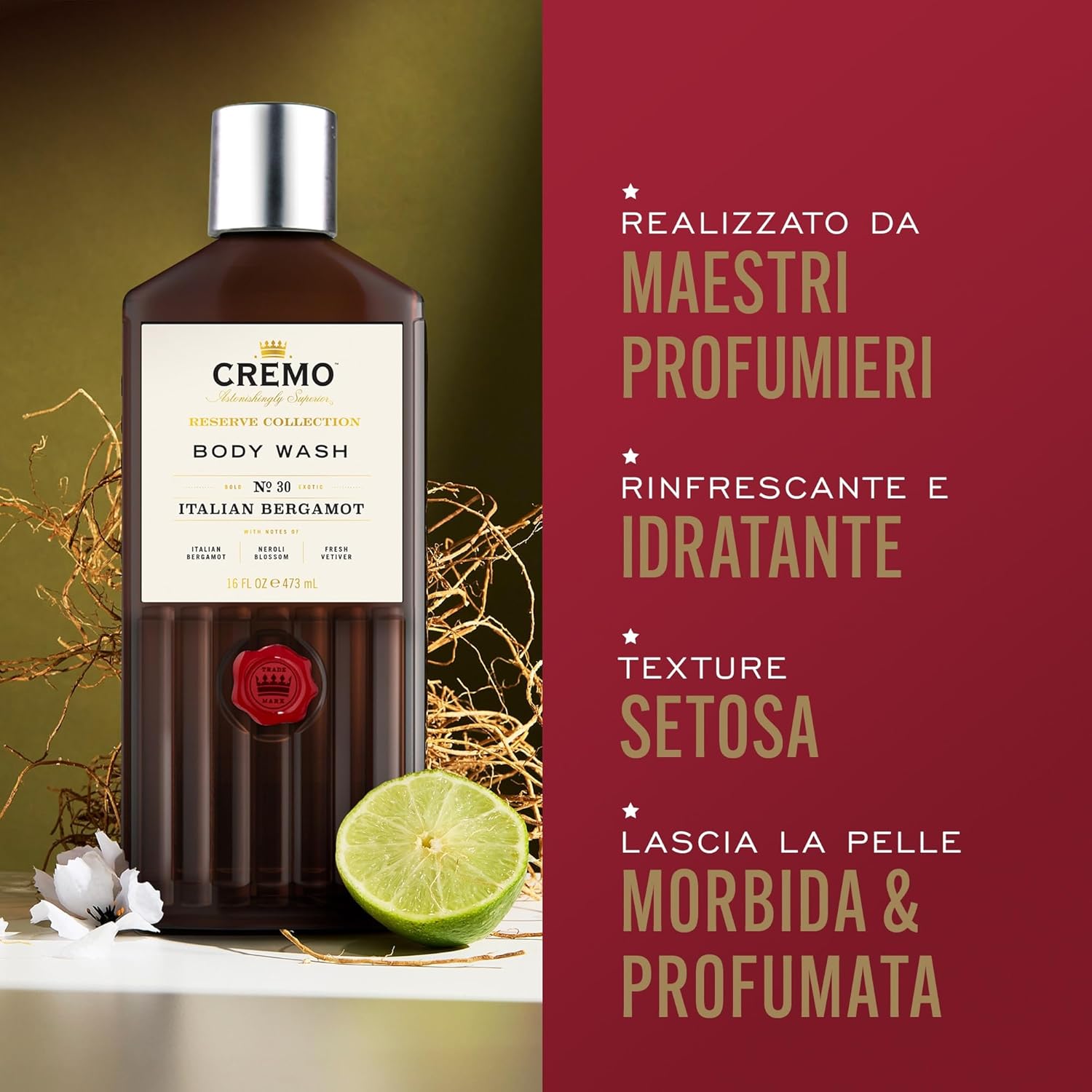 Detalle 2 de Cremo Reserve Collection Sapone per il corpo per uomo con Bergamotto Italiano, Neroli e Vetiver – 473 ml