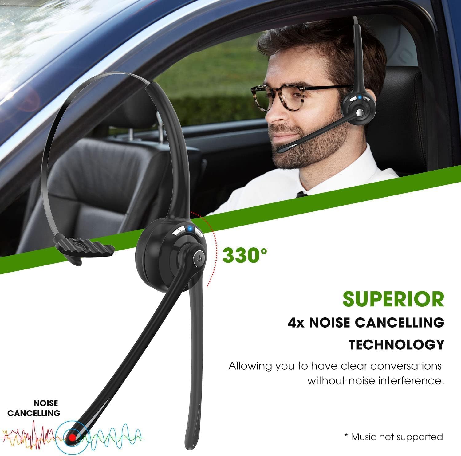 Detalle de voijump Bluetooth Headset with Microphone, V5.1 – On-Ear Wireless Headphones for Office, Call Centres and Travel