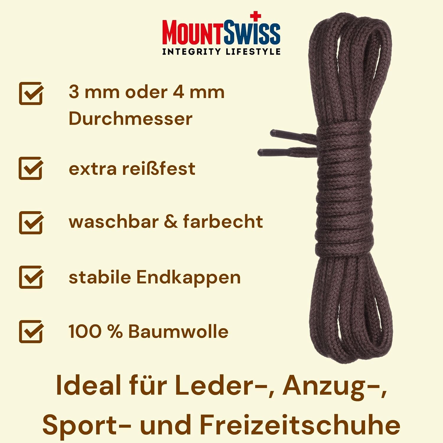 Detalle de Mount Swiss Lacets ronds — 100% coton, entretien simple, longueur variable (45–200 cm) et diamètre 3–4 mm