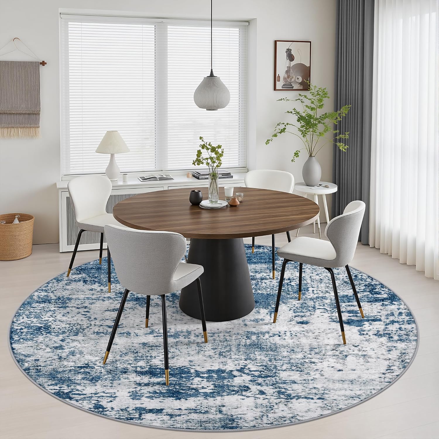 Thumbnail 3 de Round 8-Ft Washable Abstract Area Rug – Blue for Living Room
