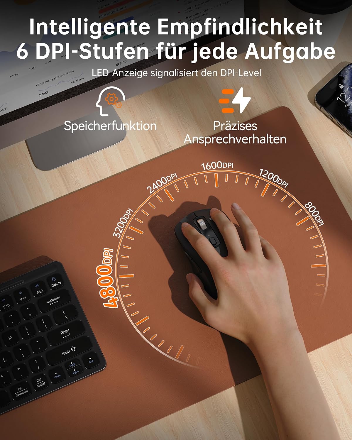 Detalle de TECKNET Bluetooth Maus – Kabellos, 4-Wege-Scrollrad, 4800 DPI, BT/2,4G, Ergonomisch, Schwarz