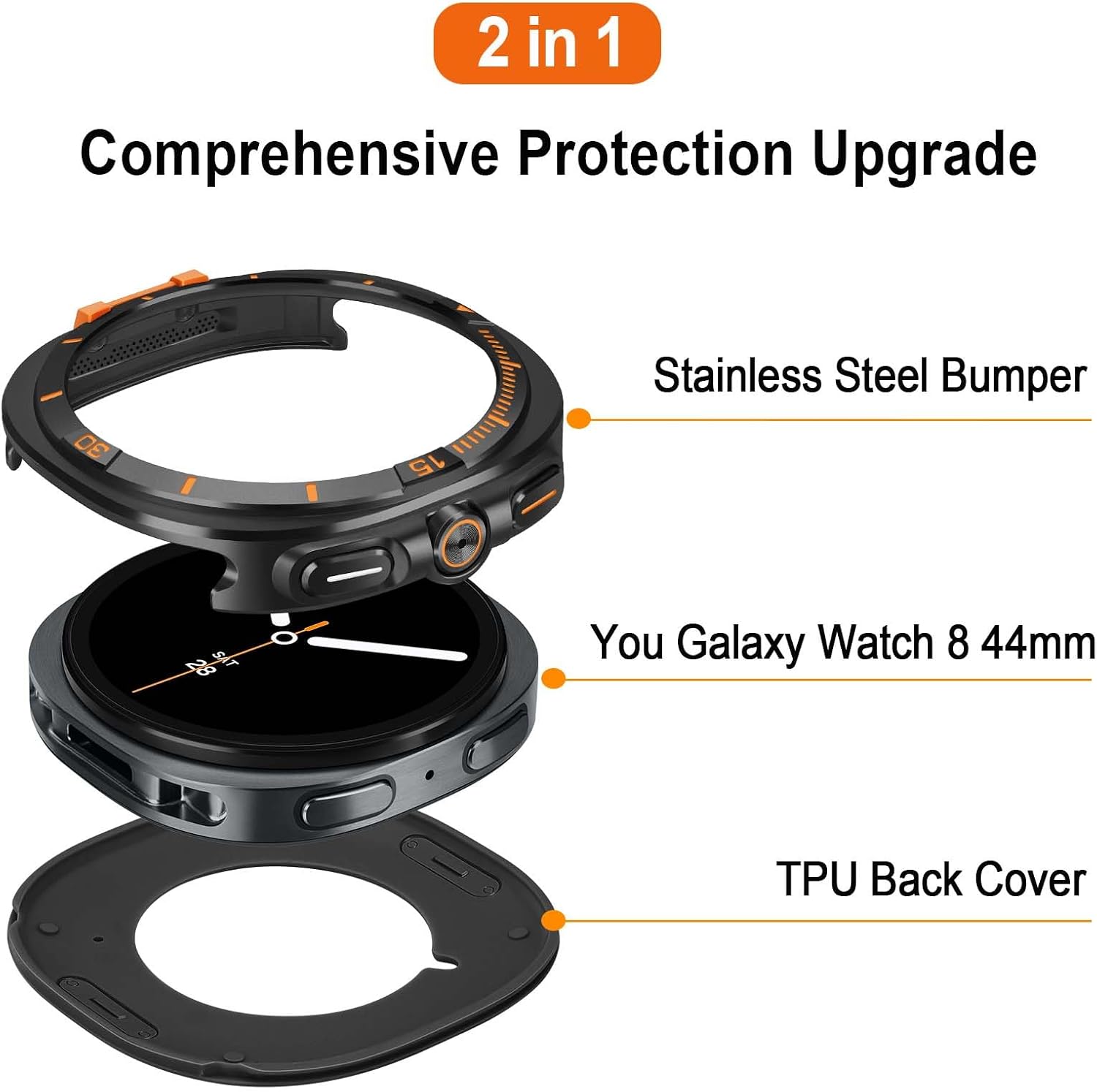 Detalle de Suphart Galaxy Watch 9/8 44mm用メタルケース、PC背面カバー付きブラック/オレンジ