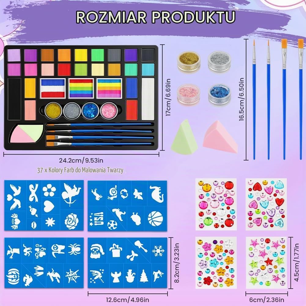 Detalle 2 de AYBUY 5593712 – zestaw farb do twarzy dla dzieci, 40 kolorów i 4 brokaty