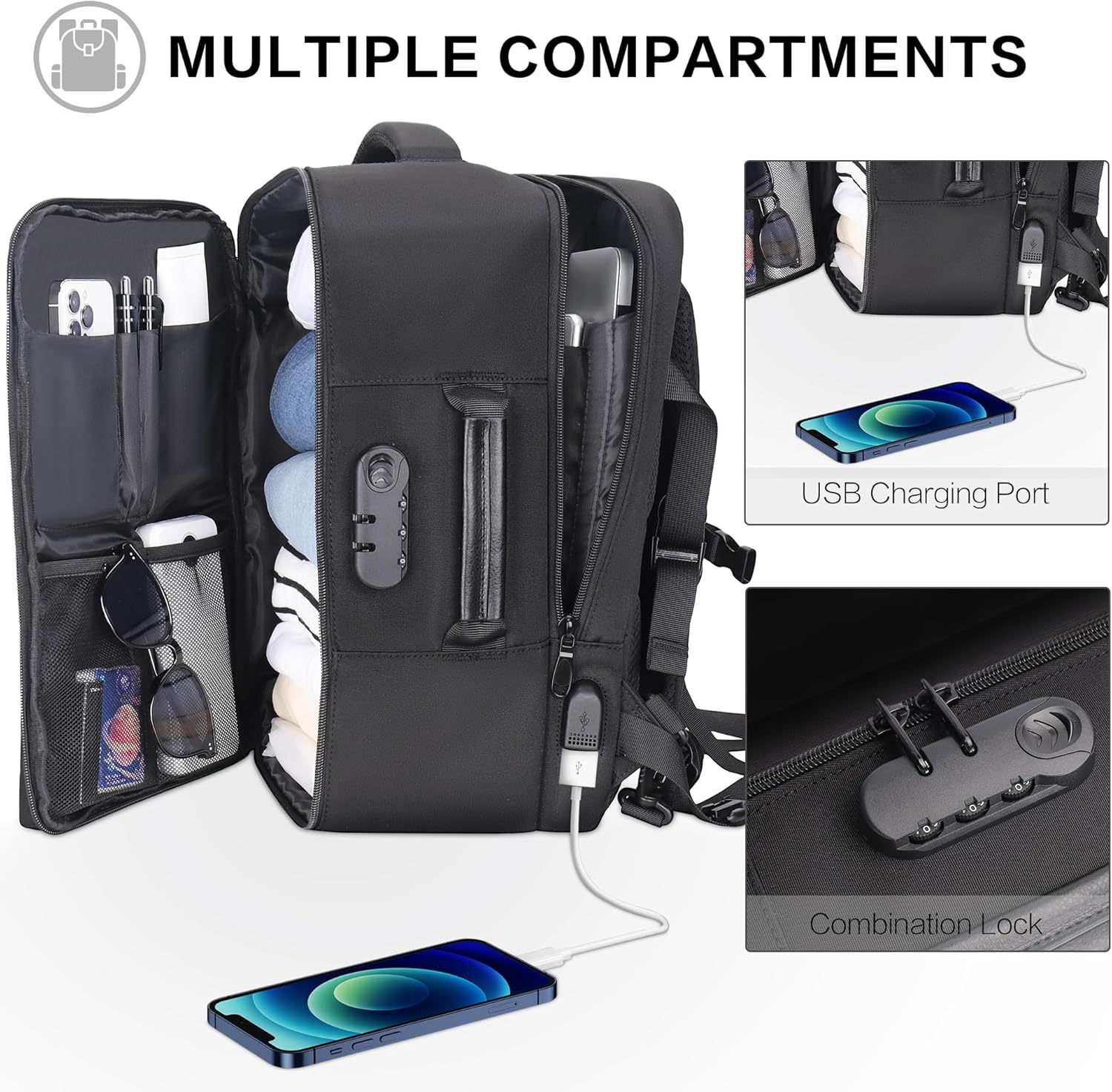 Detalle 2 de YOUNGOA Mochila de Viaje Cabina para Avión ✈️ 20L Negro