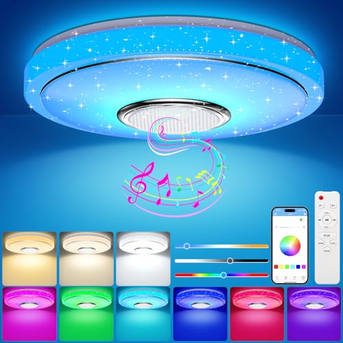 Detalle de OGVDOE Lámpara de Techo LED Regulable 48W con Bluetooth, RGB y Altavoz — Plafón Ø30 cm