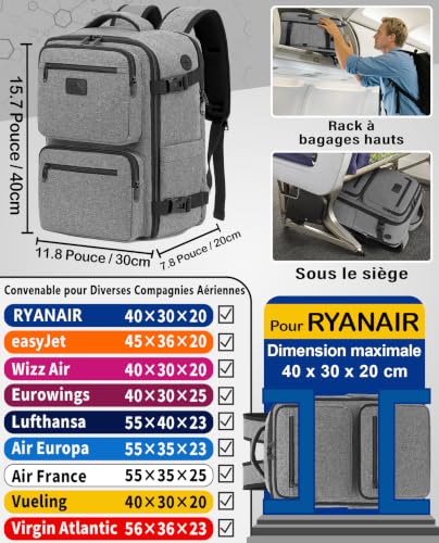 Detalle de LYNXCHER Sac à dos cabine avion 40x30x20 – Anti-vol, compartiment PC 15,6