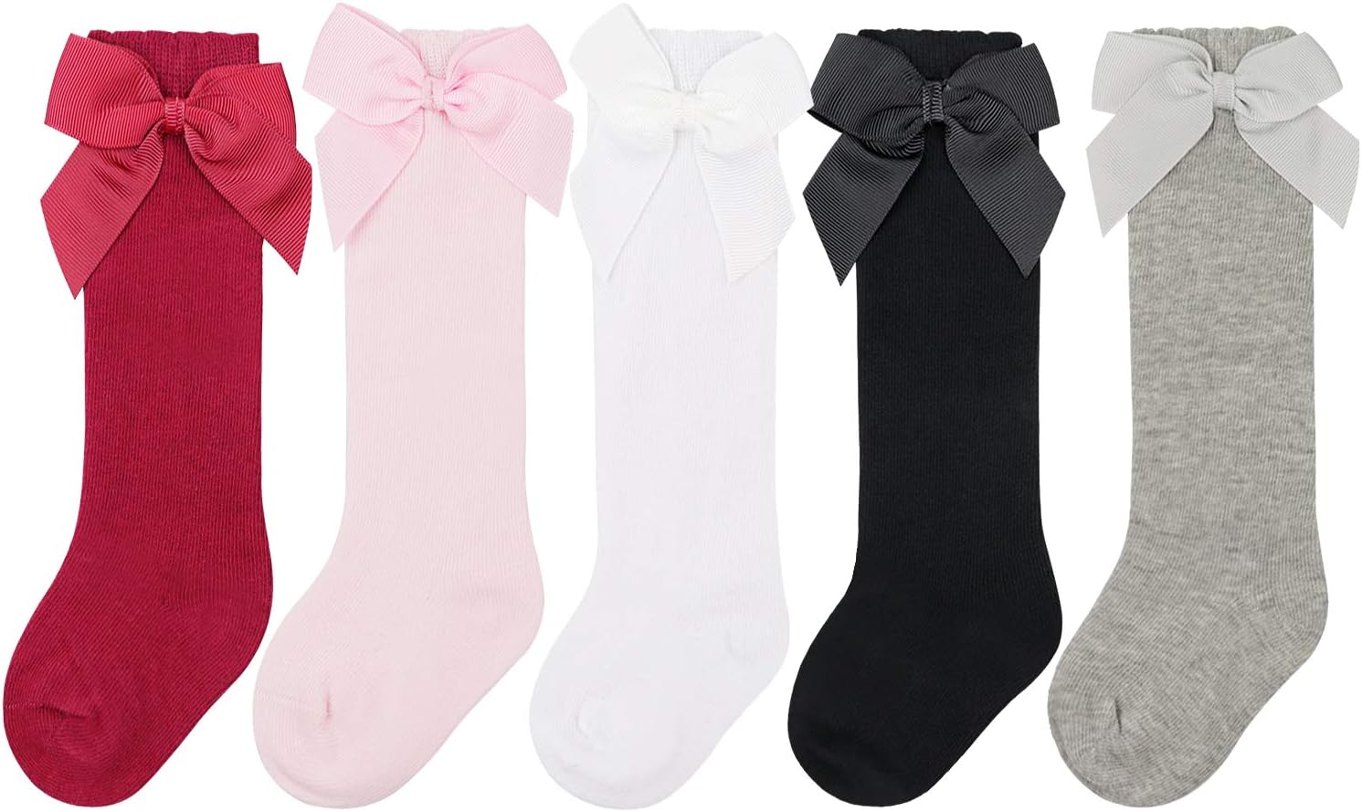 Detalle de DRESHOW baby girl knee-high socks (cotton blend) with bow – toddler dress socks in 5-pair value pack