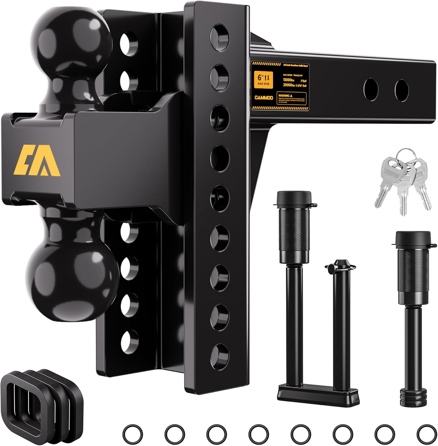 Detalle de CAMMOO Adjustable Trailer Hitch for 2.5-inch Receiver, 6-inch Rise/Drop, Dual Ball Mount (2" & 2-5/16"), 22,000 lbs GTW
