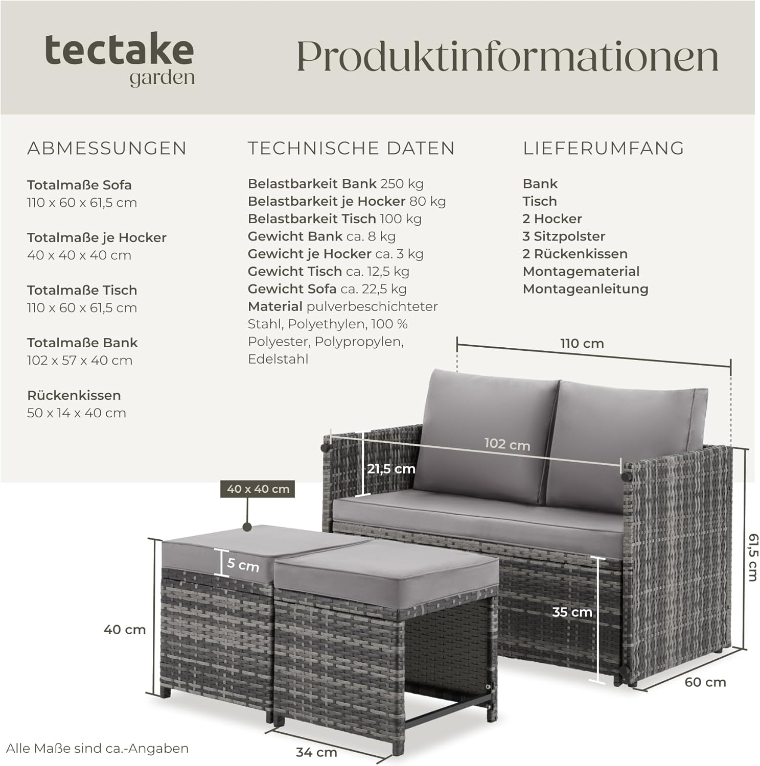 Thumbnail 1 de TecTake 2in1 Rattanlounge für 4 Personen – Set mit Tisch, grau